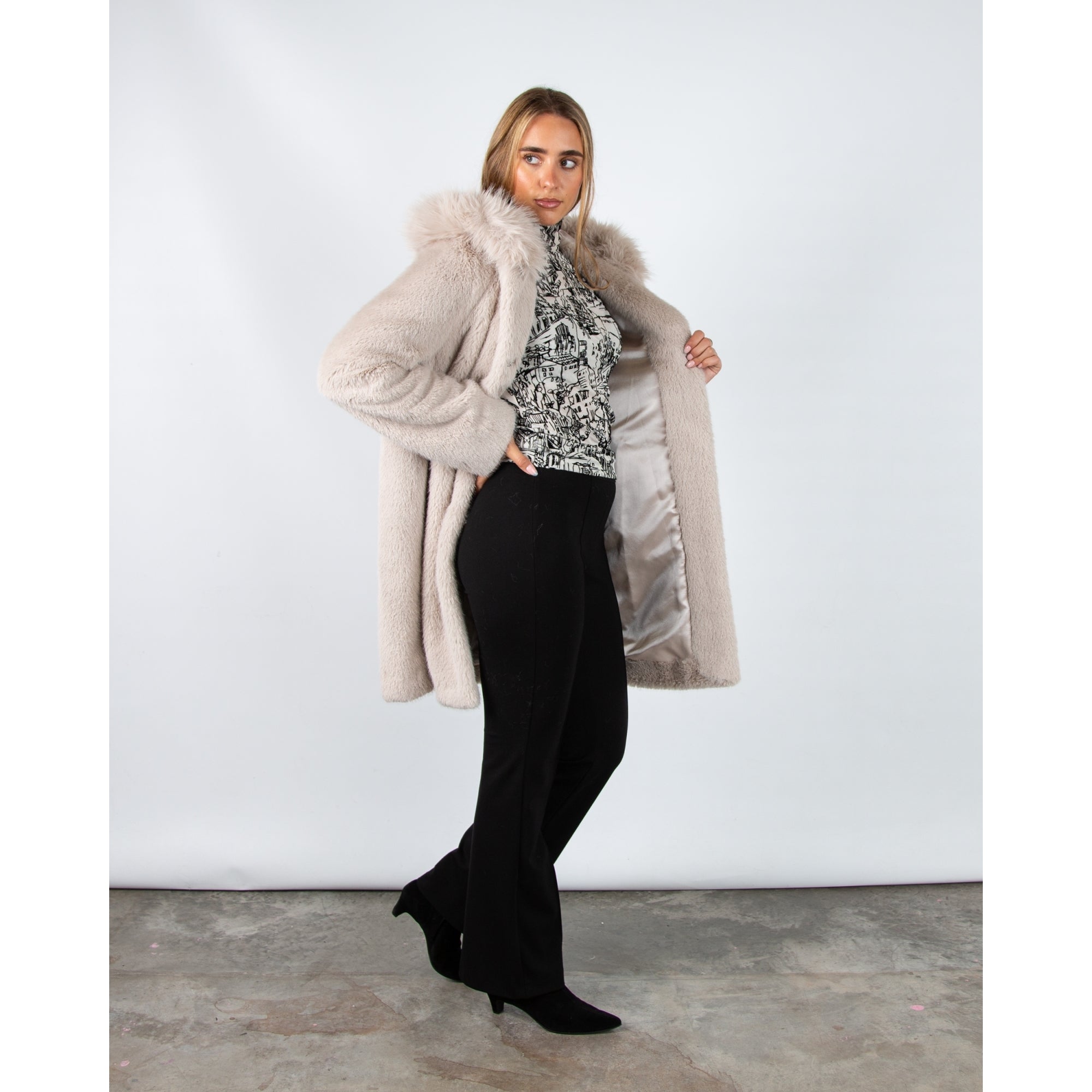 Marc Cain Outdoor Faux Fur Hooded Luxe Coat Oyster