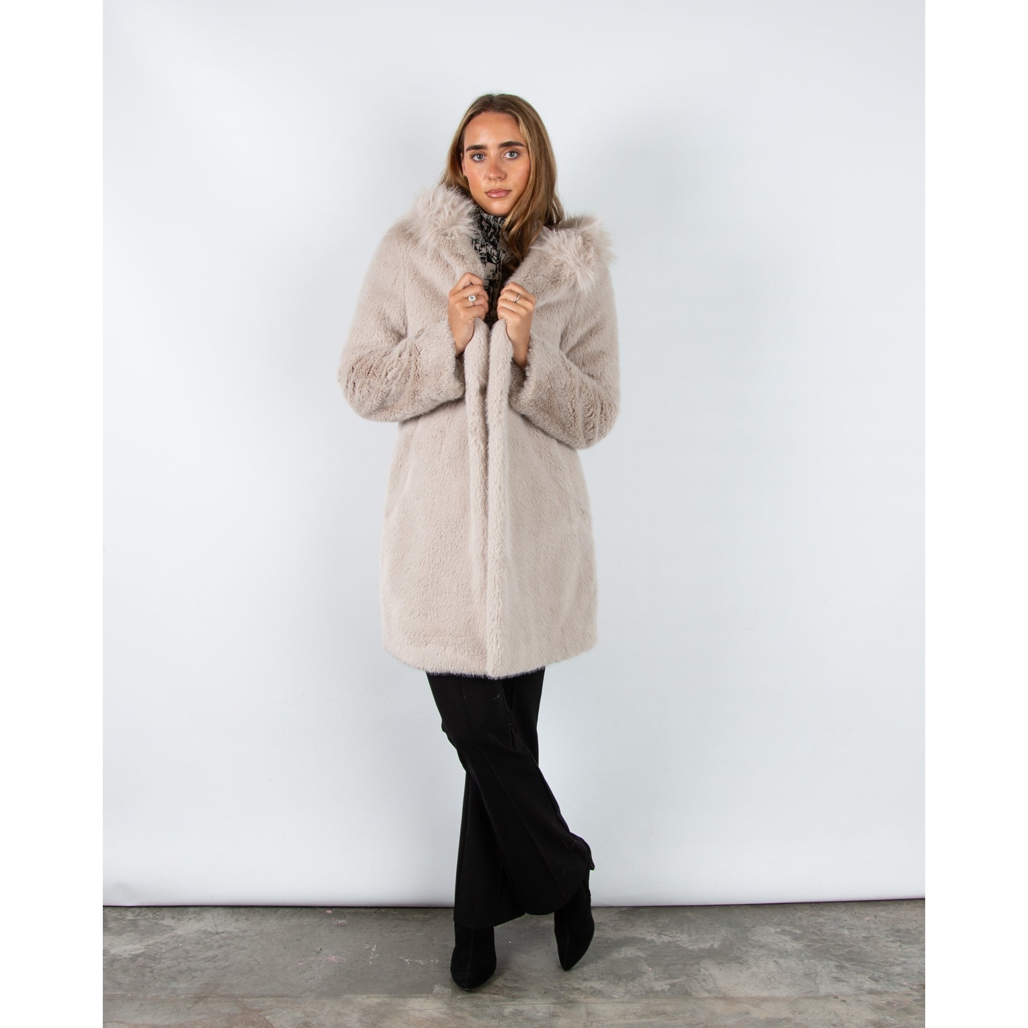 Marc Cain Outdoor Faux Fur Hooded Luxe Coat Oyster
