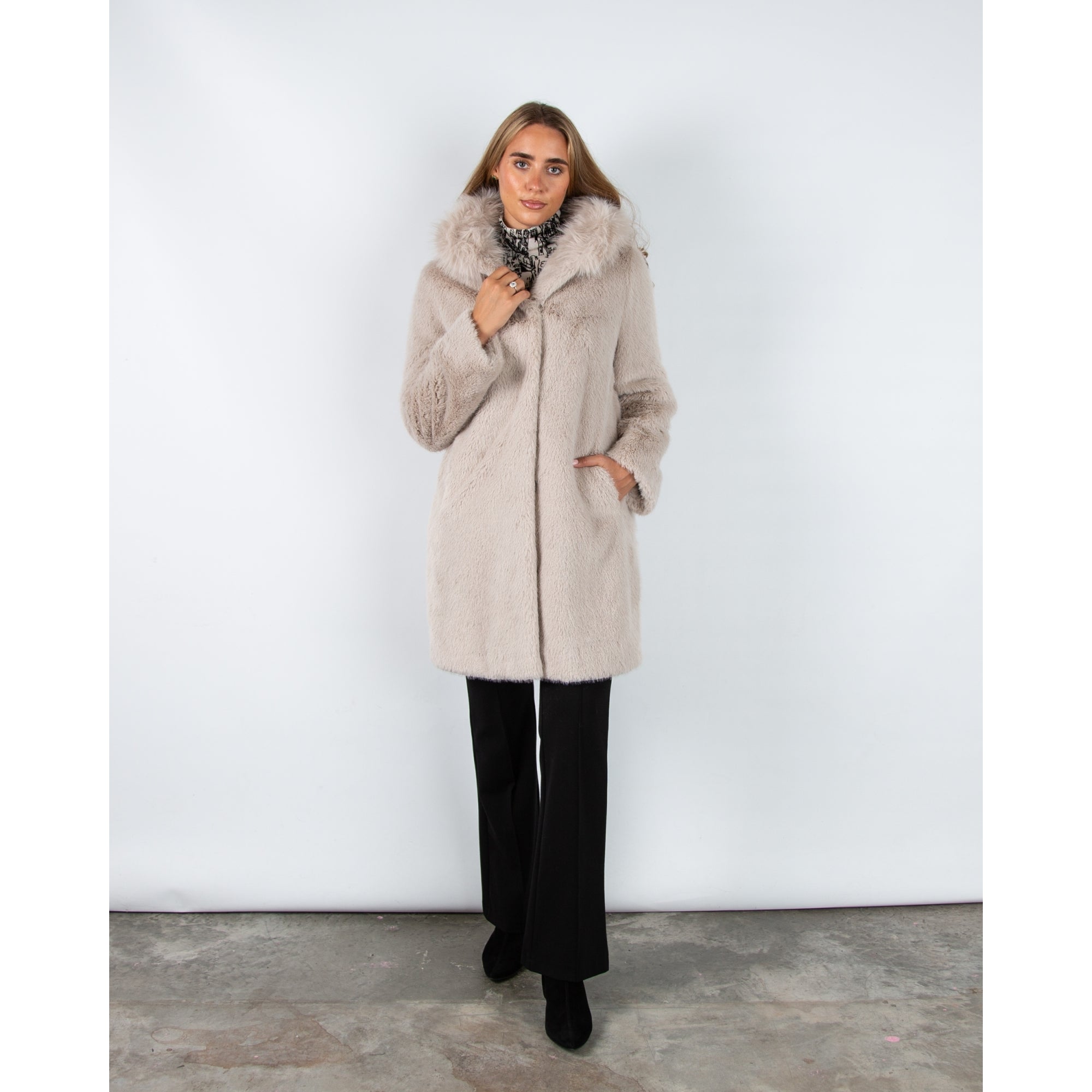 Marc Cain Outdoor Faux Fur Hooded Luxe Coat Oyster