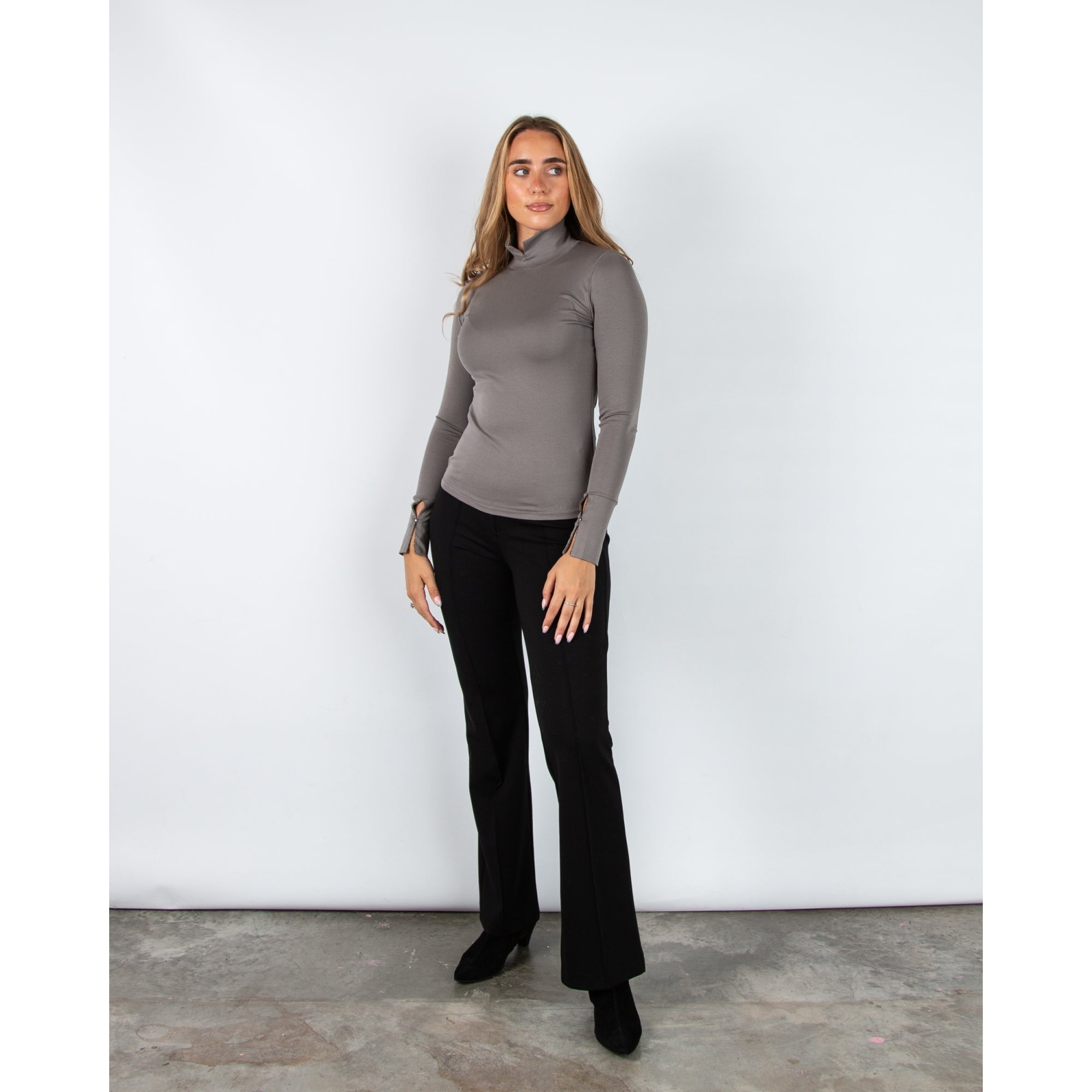 Marc Cain City Tour Fitted Cotton Stretch Top With Split Polo Neck Grey