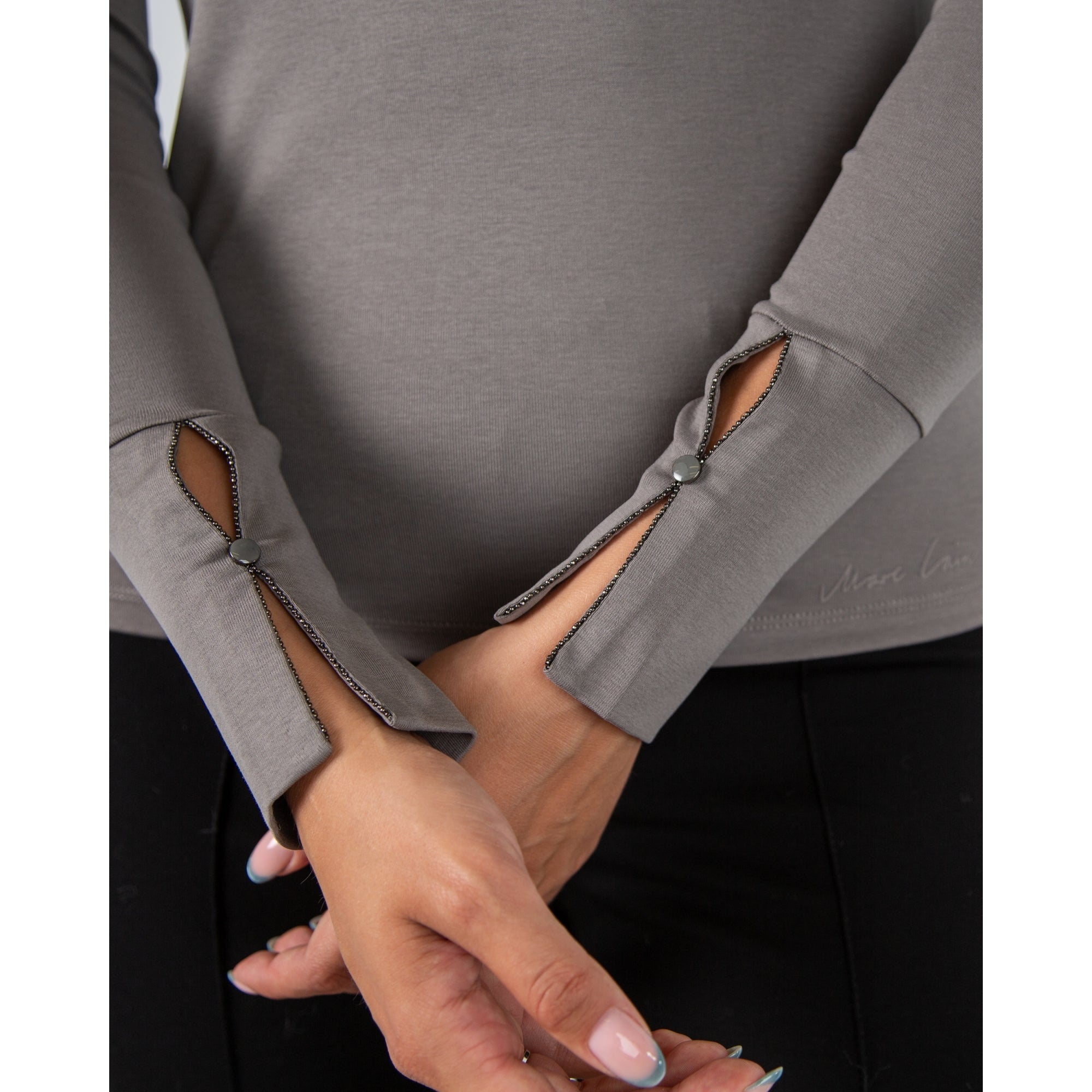 Marc Cain City Tour Fitted Cotton Stretch Top With Split Polo Neck Grey