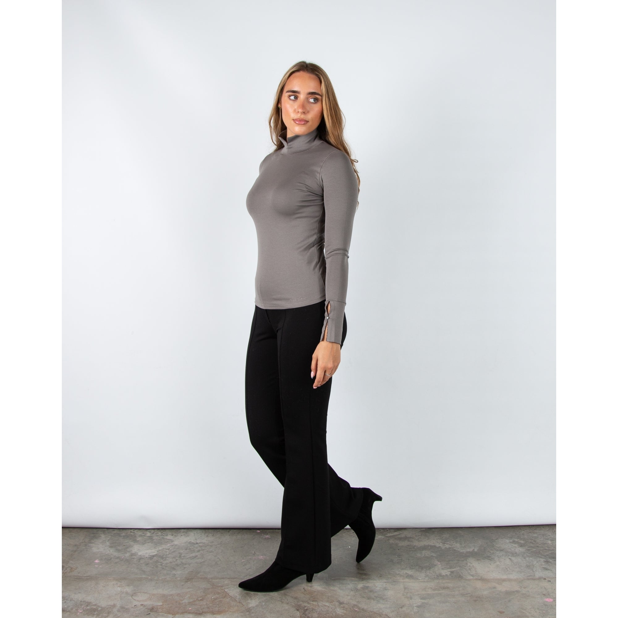 Marc Cain City Tour Fitted Cotton Stretch Top With Split Polo Neck Grey