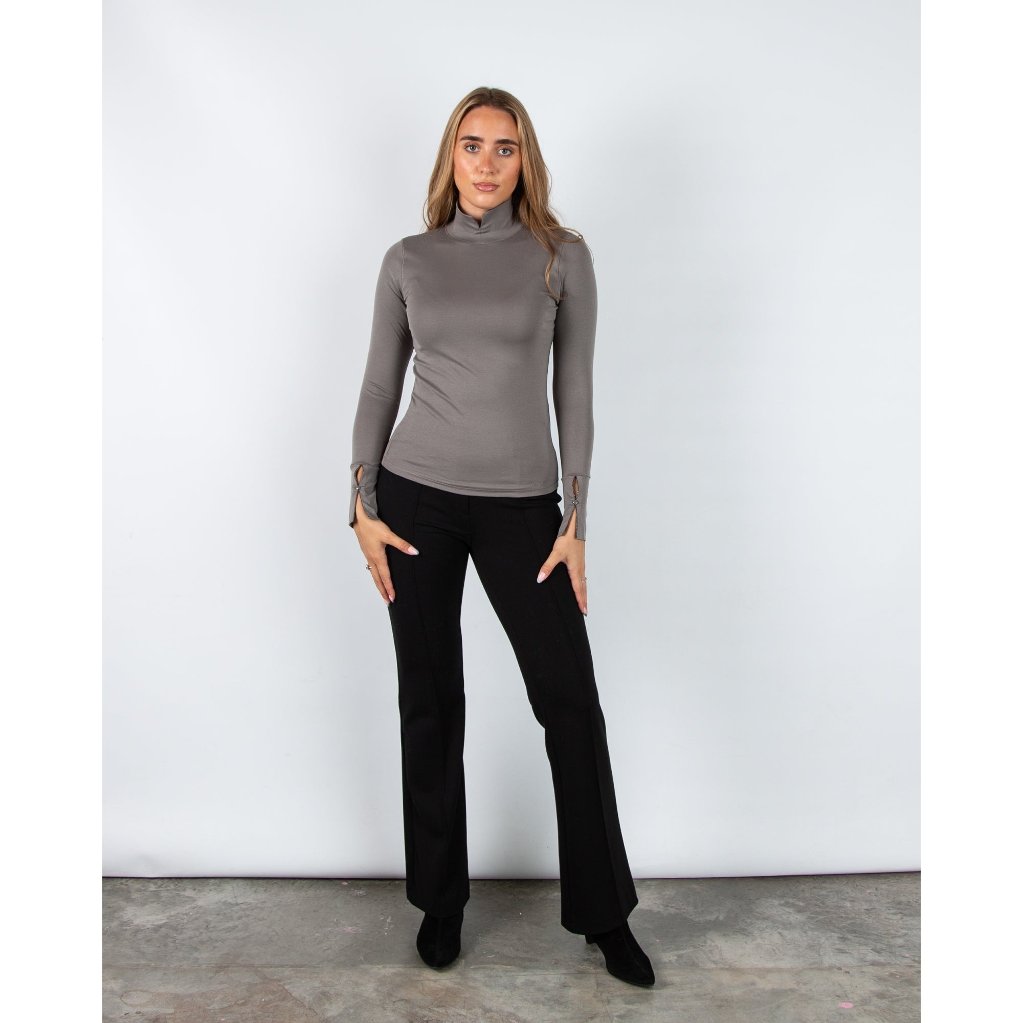 Marc Cain City Tour Fitted Cotton Stretch Top With Split Polo Neck Grey