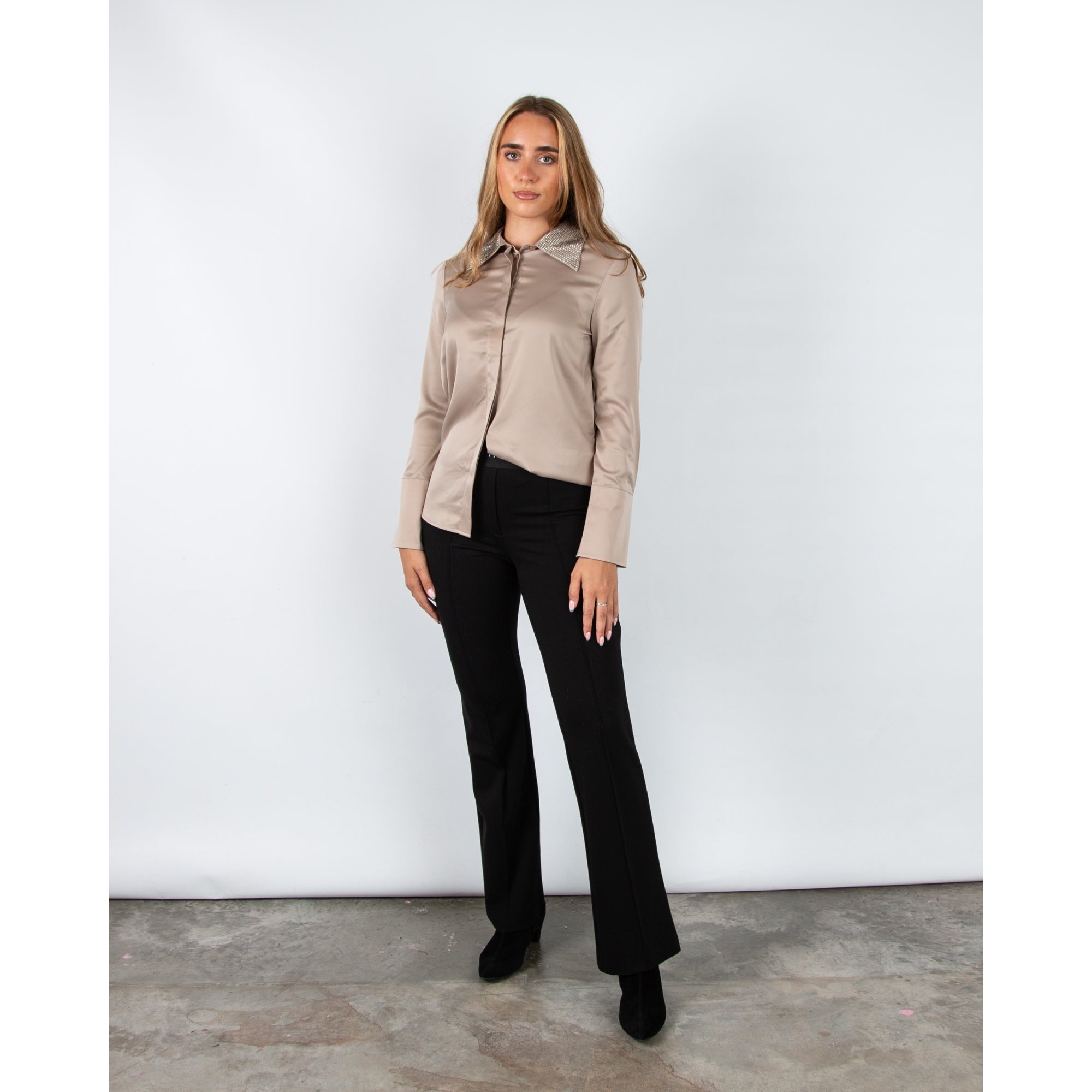 Joseph Ribkoff Satin Blouse With Studded Collar Taupe