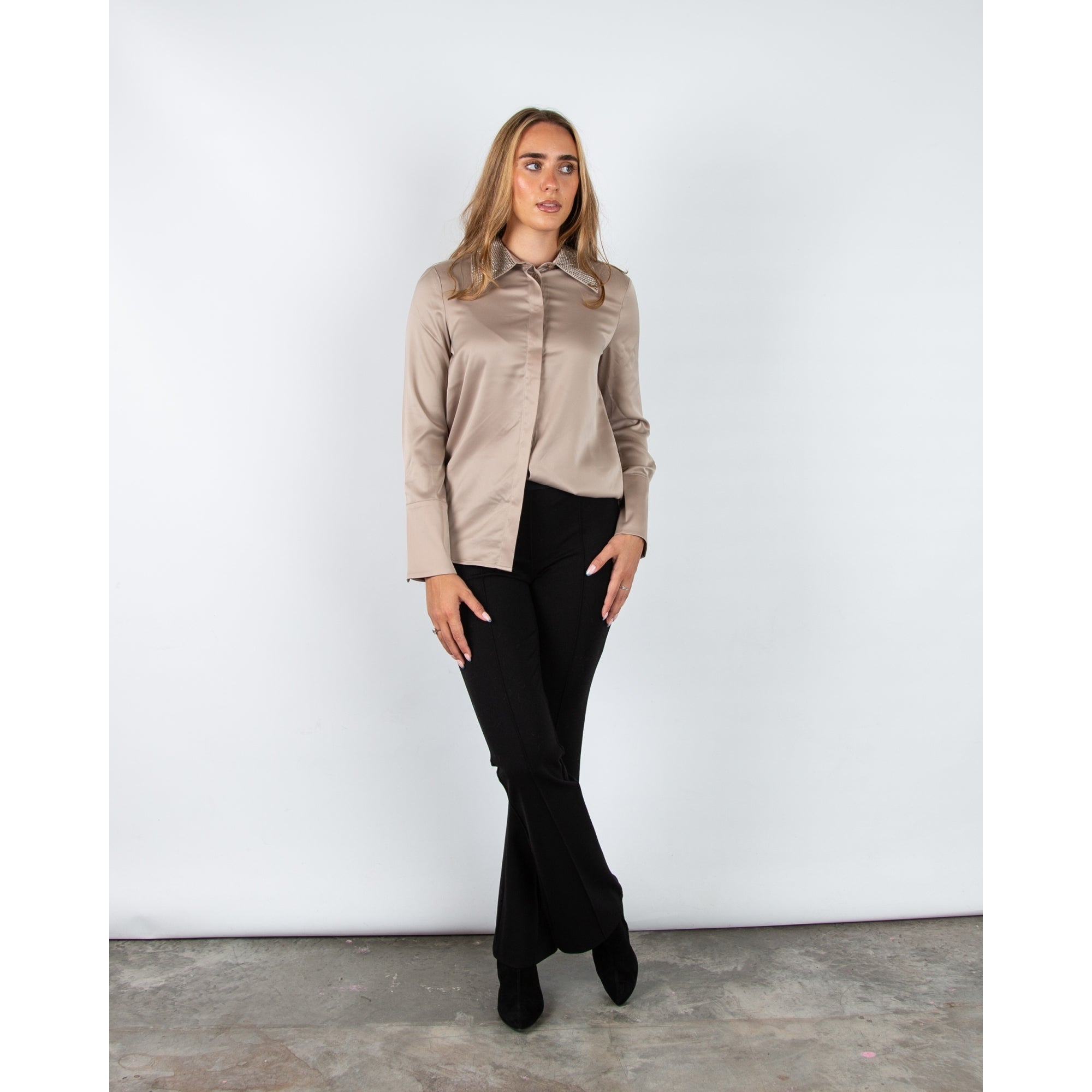 Joseph Ribkoff Satin Blouse With Studded Collar Taupe