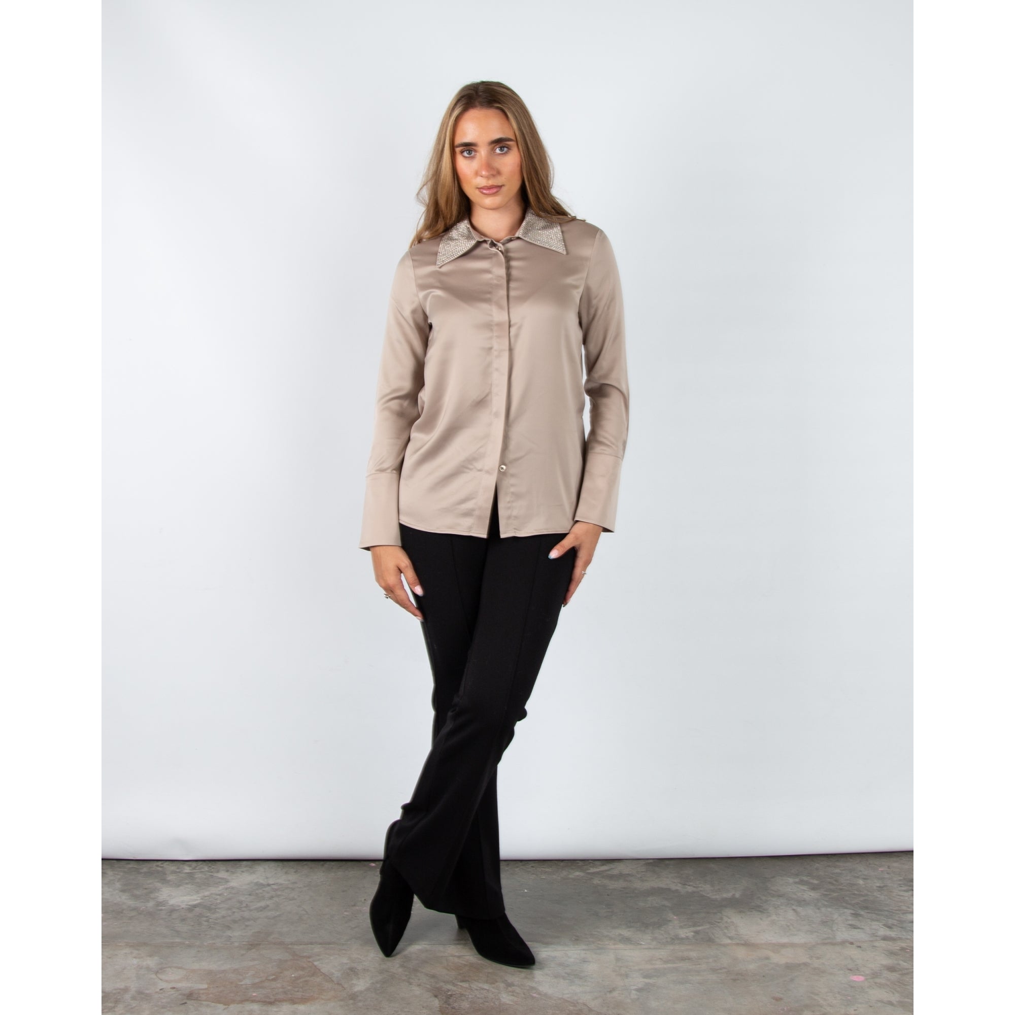 Joseph Ribkoff Satin Blouse With Studded Collar Taupe