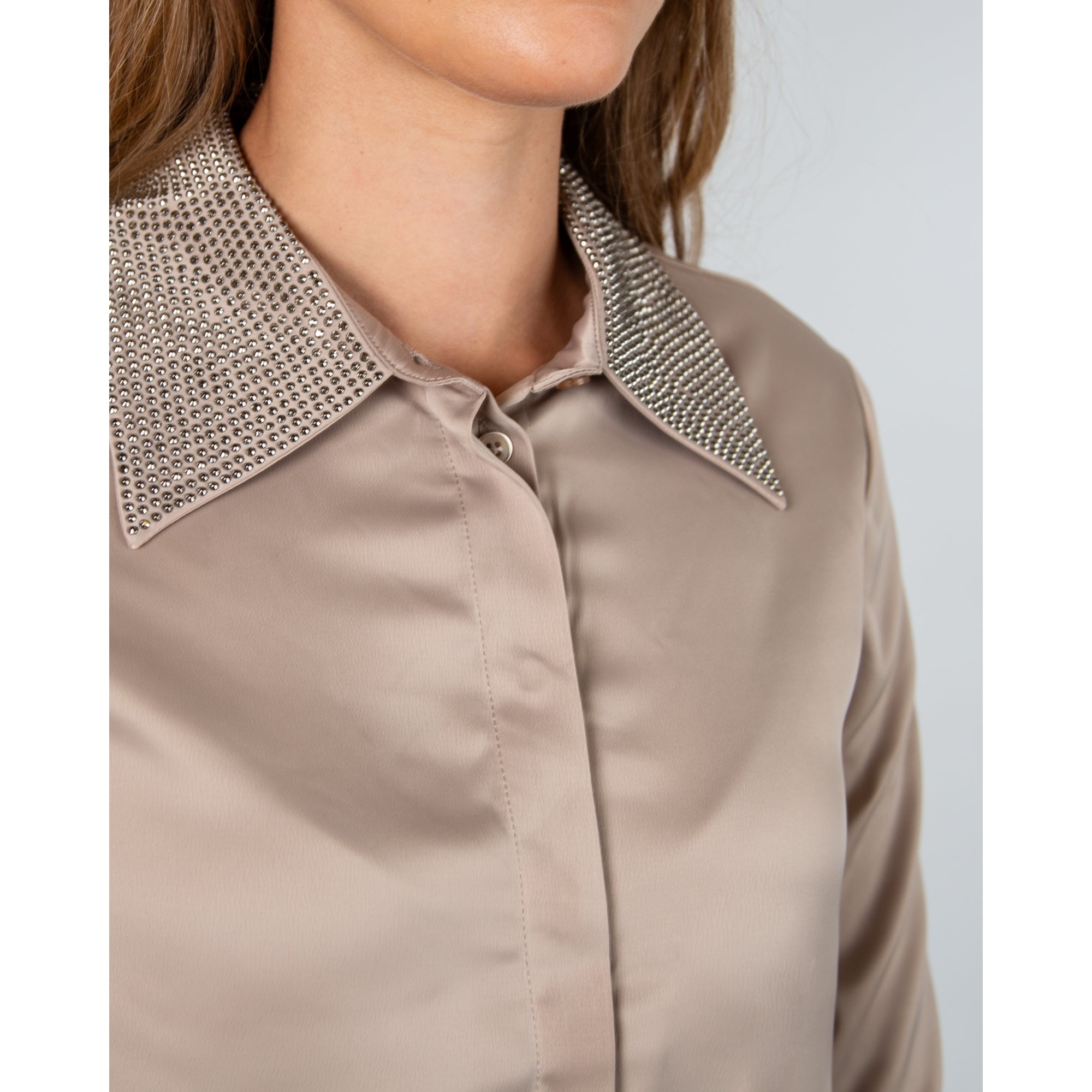Joseph Ribkoff Satin Blouse With Studded Collar Taupe