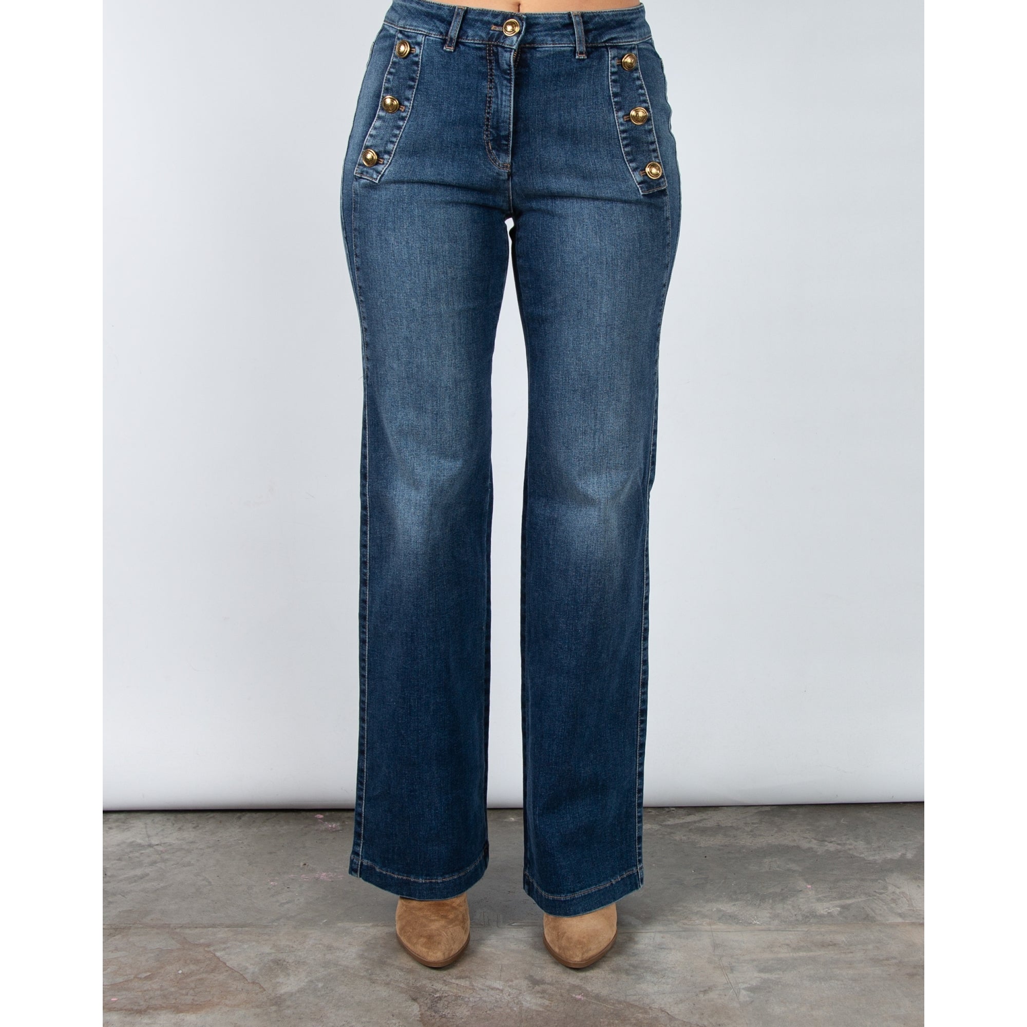 Luisa Cerano Flared Denim Jean With Button Detail Blue