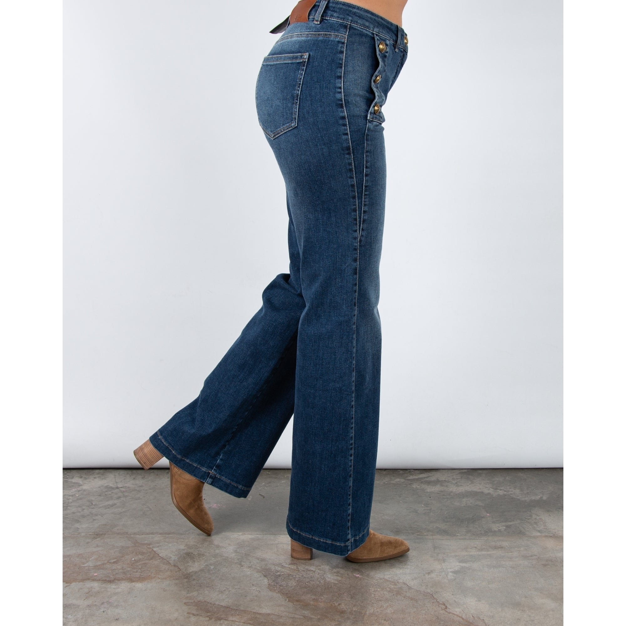 Luisa Cerano Flared Denim Jean With Button Detail Blue