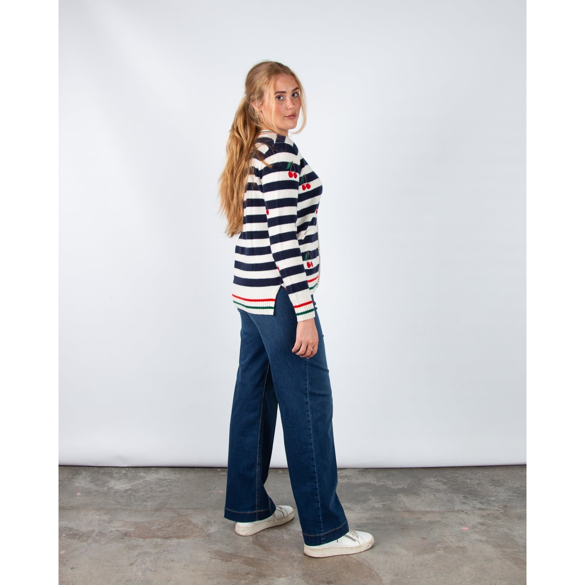 Vilagallo Alina V Neck Stripe Cherry Cardigan Navy/off White