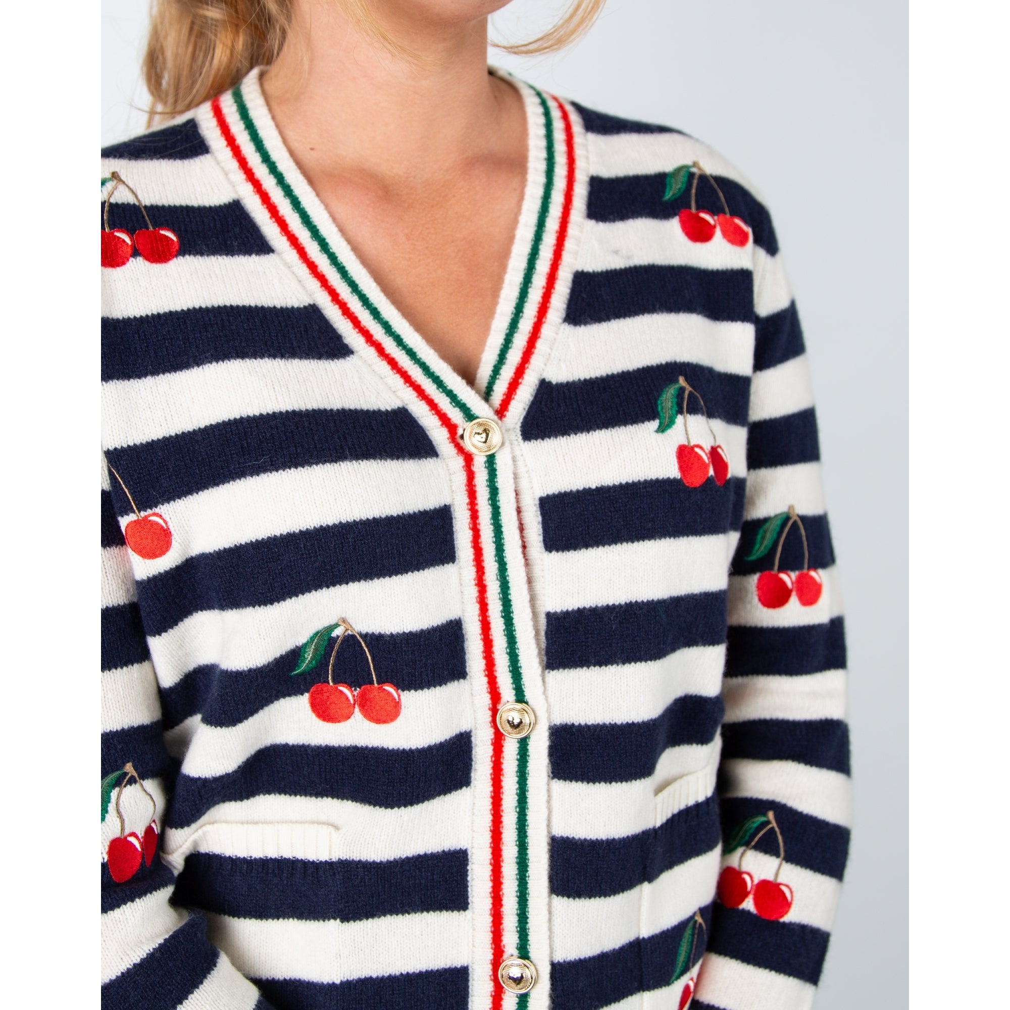 Vilagallo Alina V Neck Stripe Cherry Cardigan Navy/off White