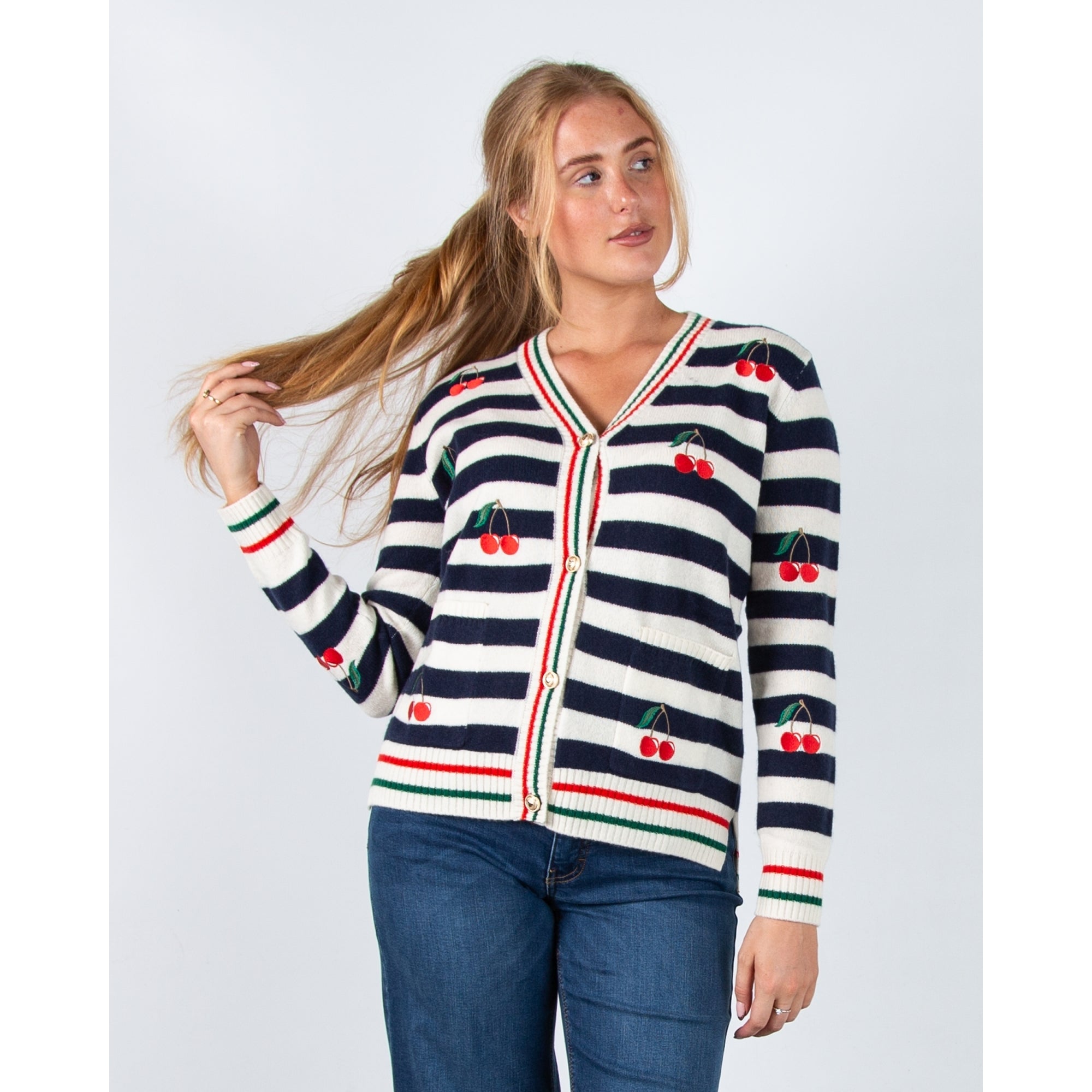 Vilagallo Alina V Neck Stripe Cherry Cardigan Navy/off White
