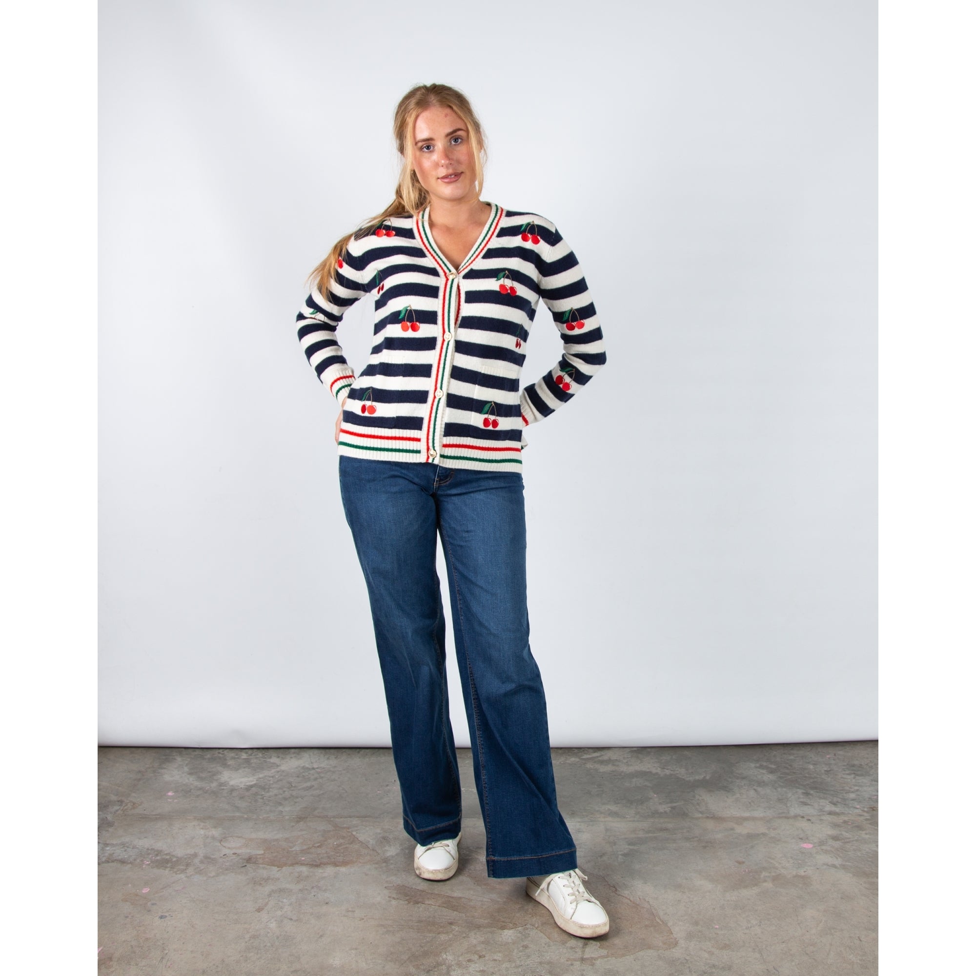 Vilagallo Alina V Neck Stripe Cherry Cardigan Navy/off White