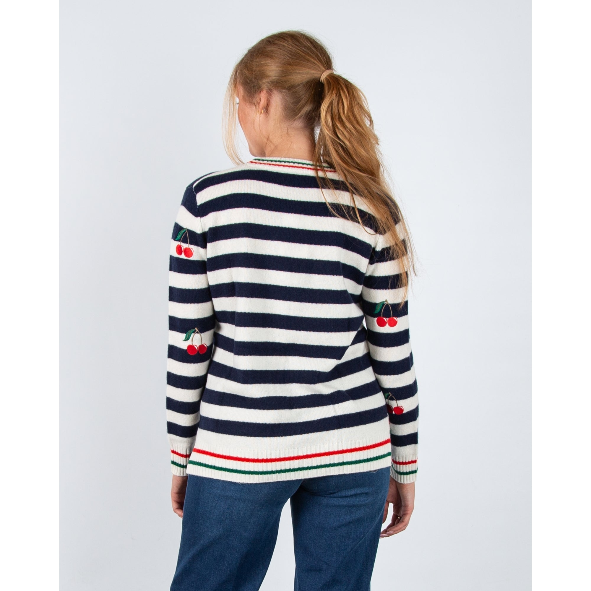 Vilagallo Alina V Neck Stripe Cherry Cardigan Navy/off White