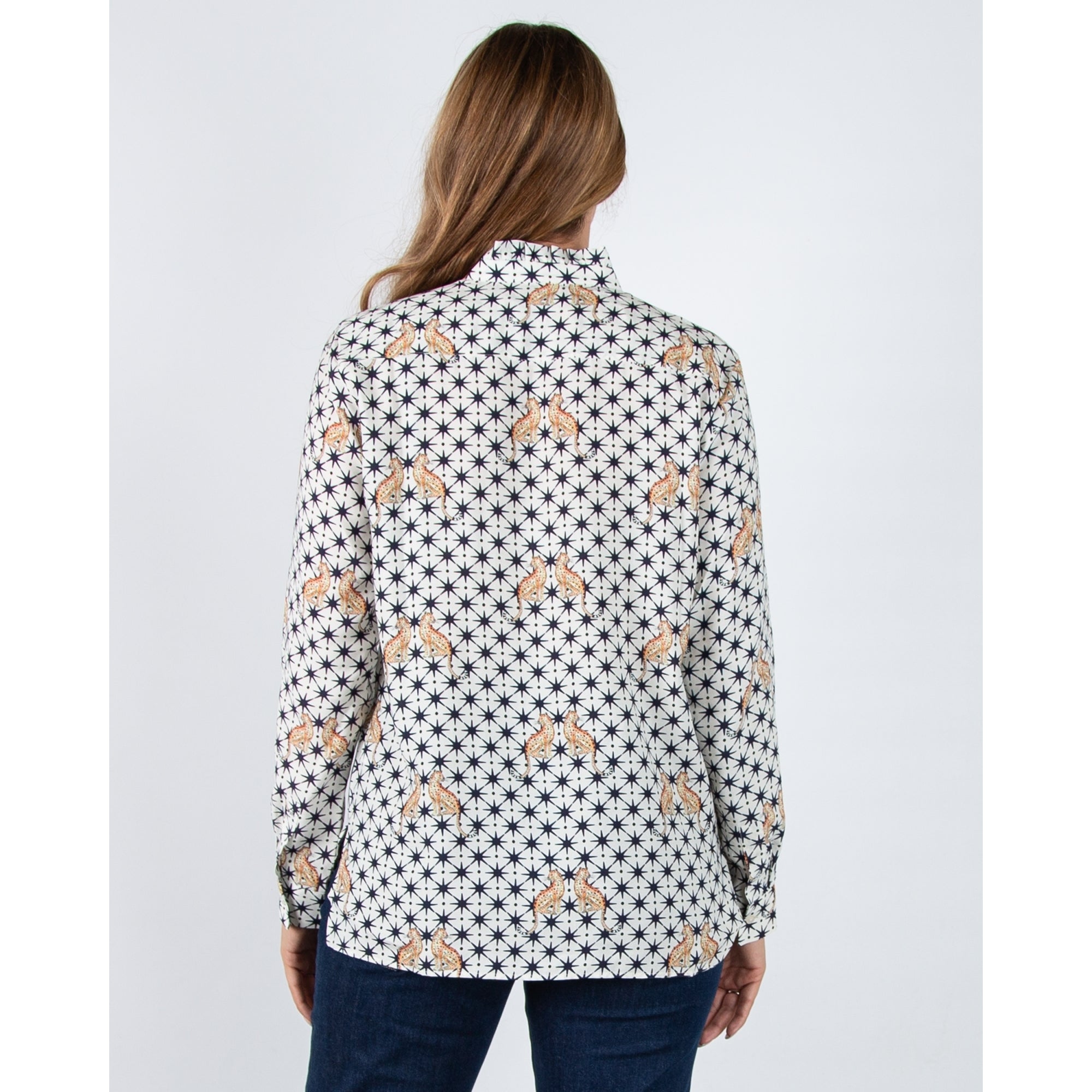 Vilagallo Andy Leopard And Star Print Blouse With Frill Collar Off White/navy