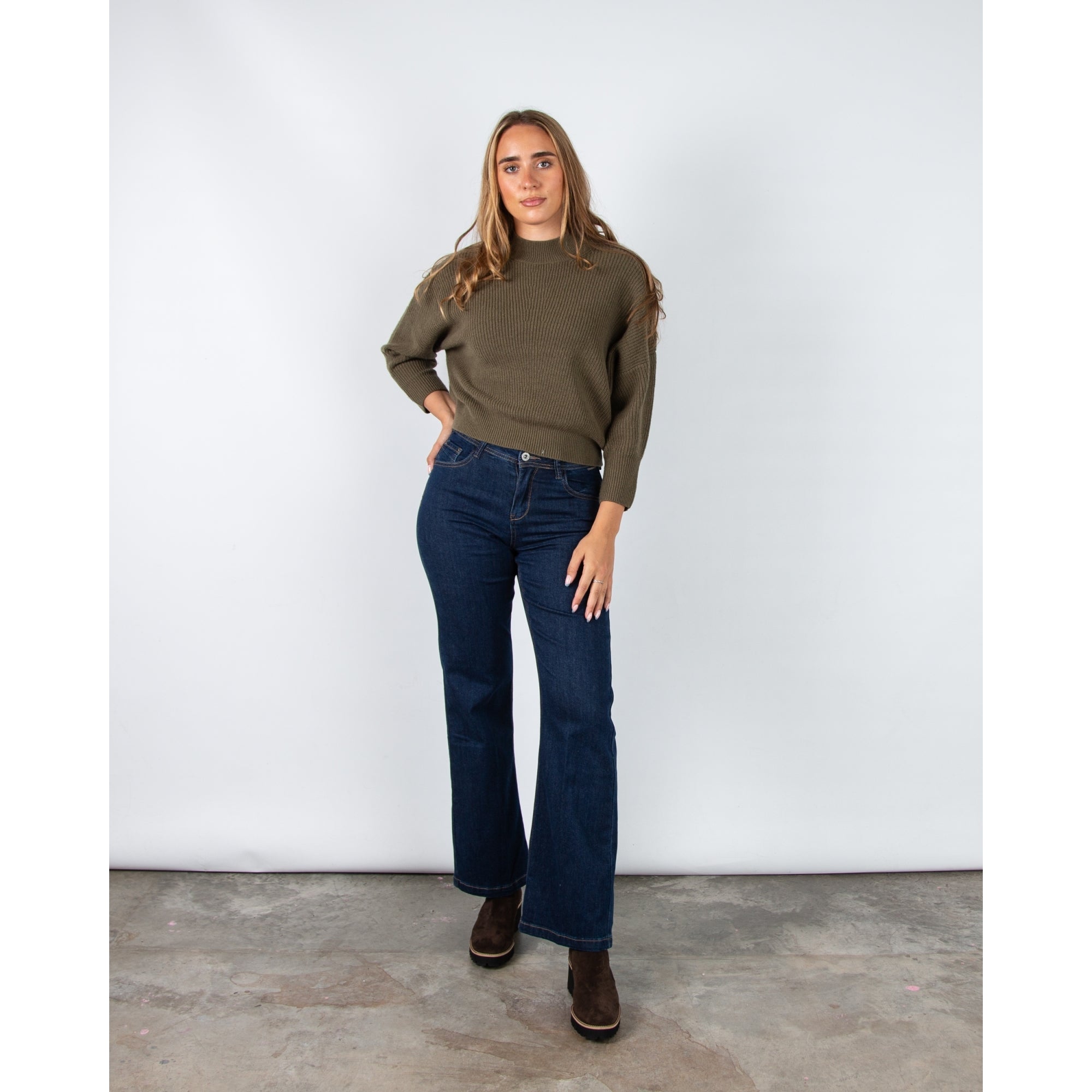 Oui High Neck Ribbed Jumper Burnt Olive