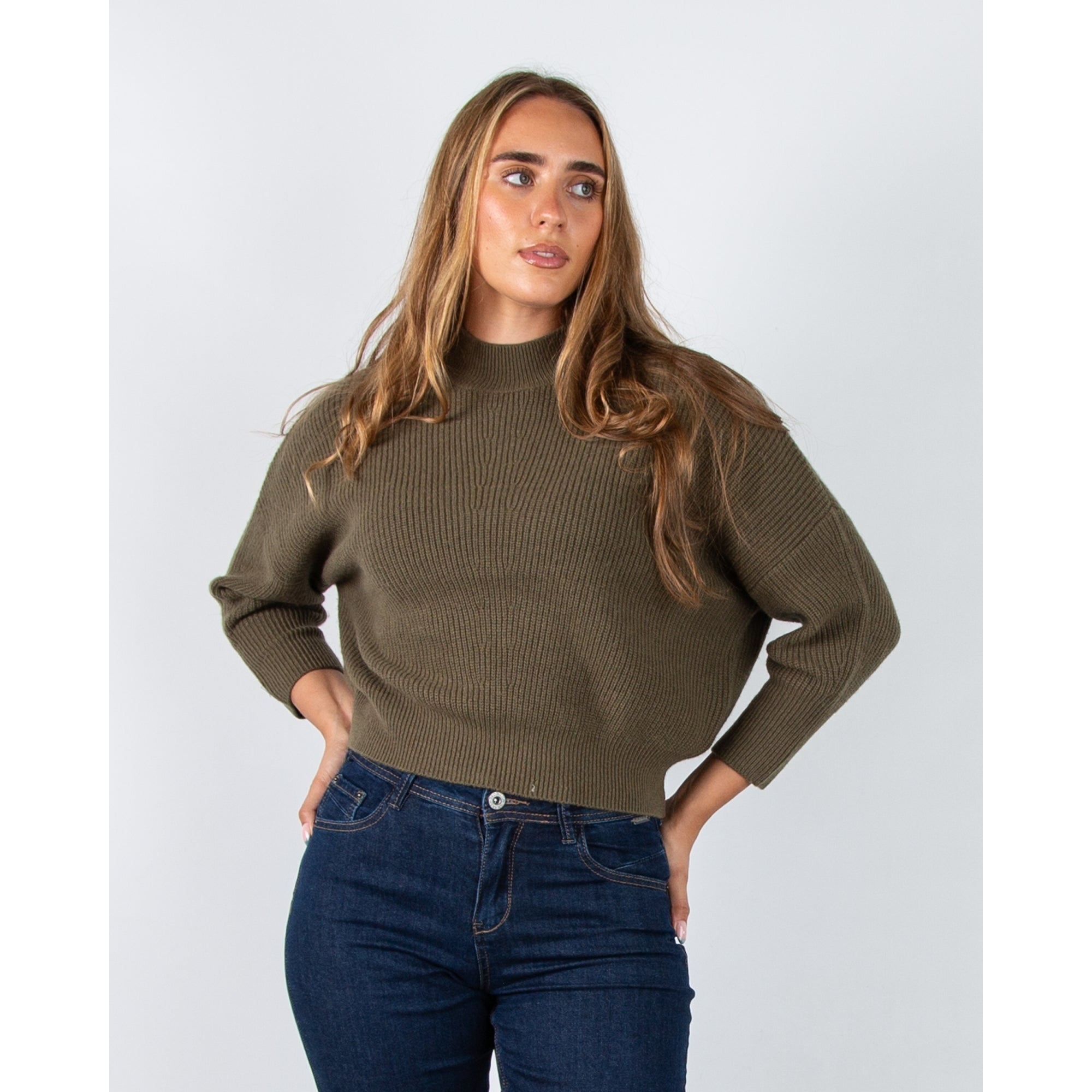 Oui High Neck Ribbed Jumper Burnt Olive