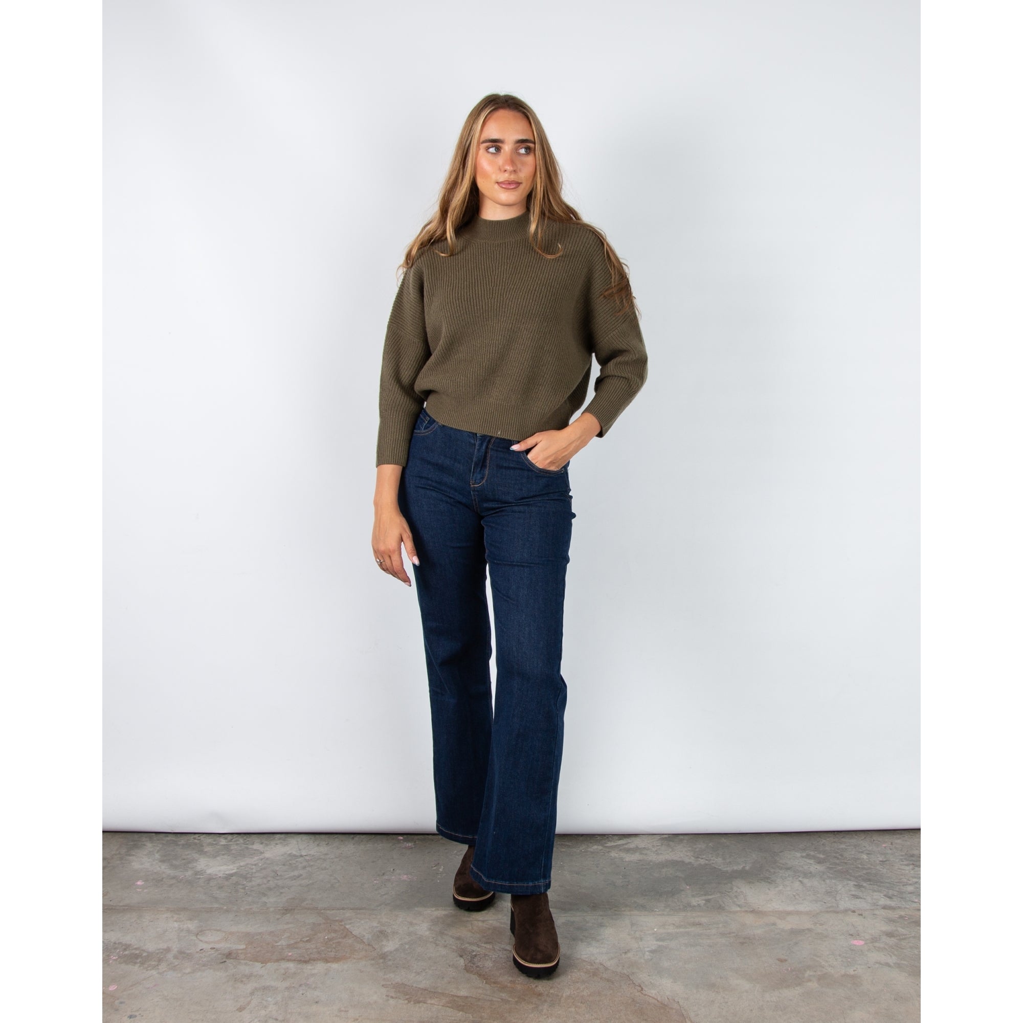 Oui High Neck Ribbed Jumper Burnt Olive