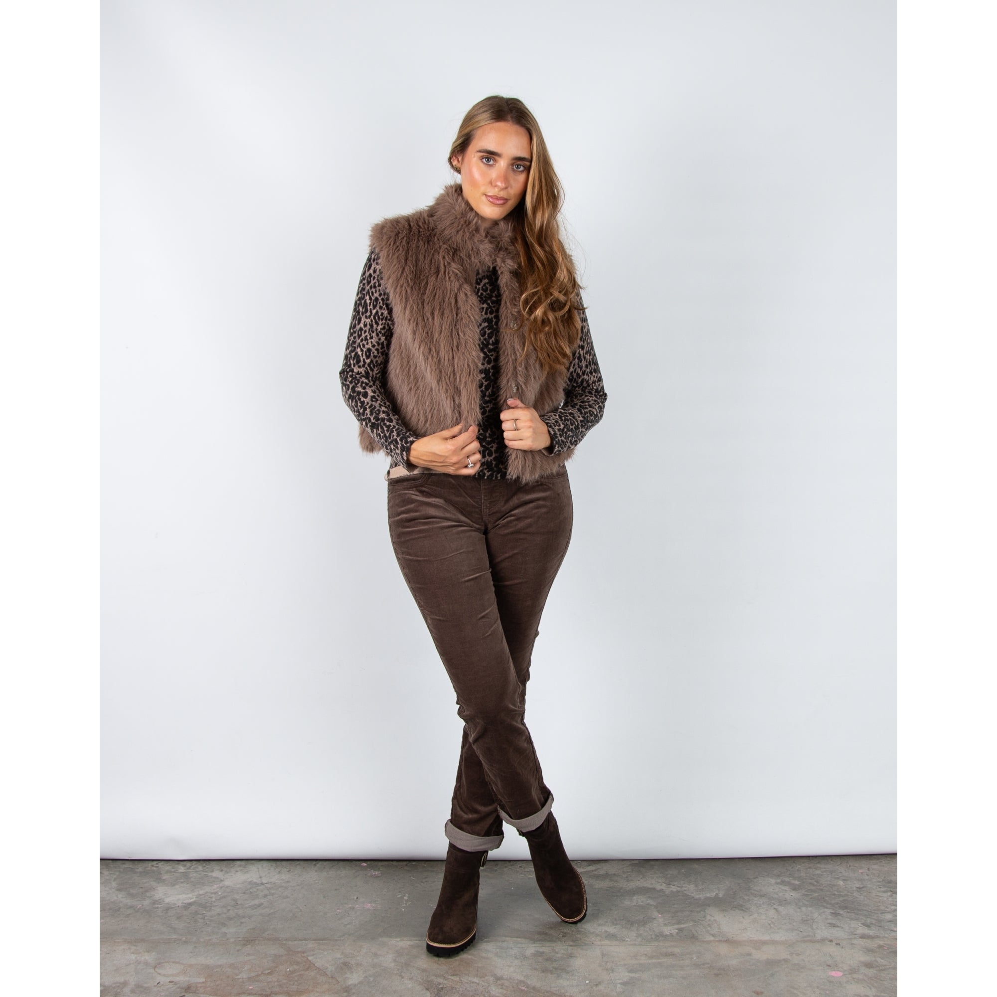 Rino & Pelle Dava Shaggy Faux Fur Ribbed Gilet Toffee