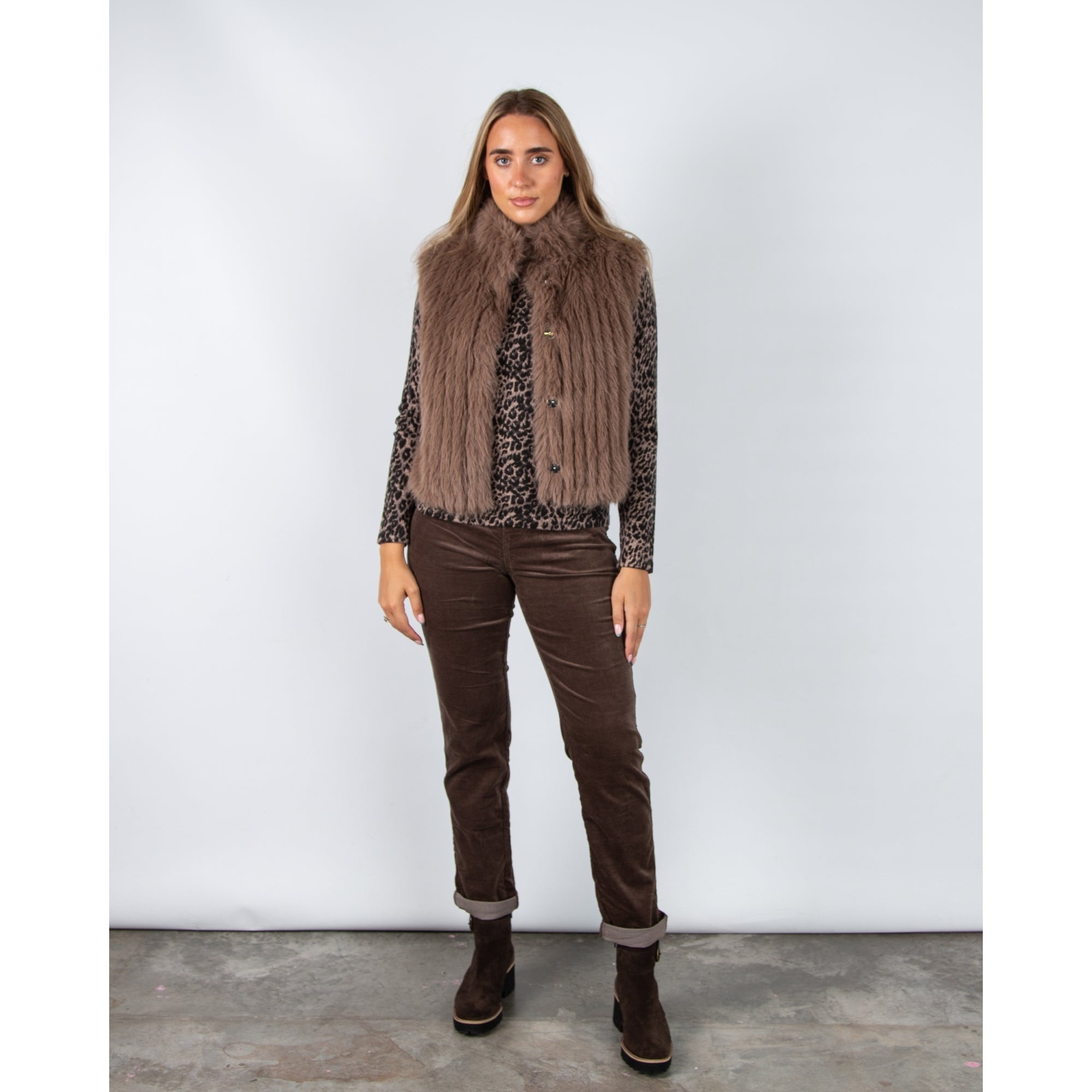 Rino & Pelle Dava Shaggy Faux Fur Ribbed Gilet Toffee
