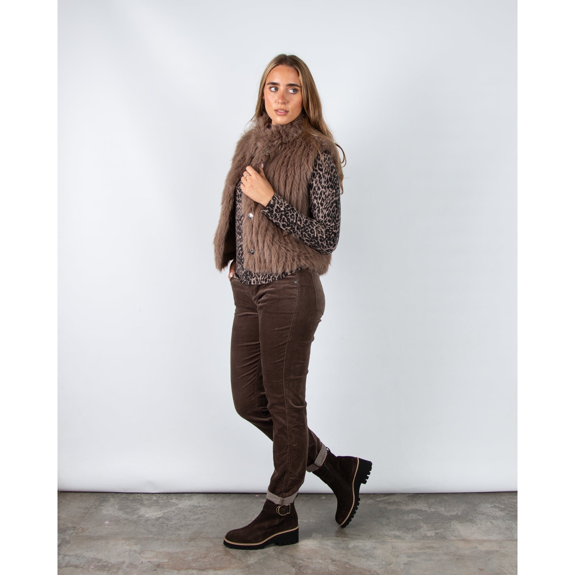 Rino & Pelle Dava Shaggy Faux Fur Ribbed Gilet Toffee