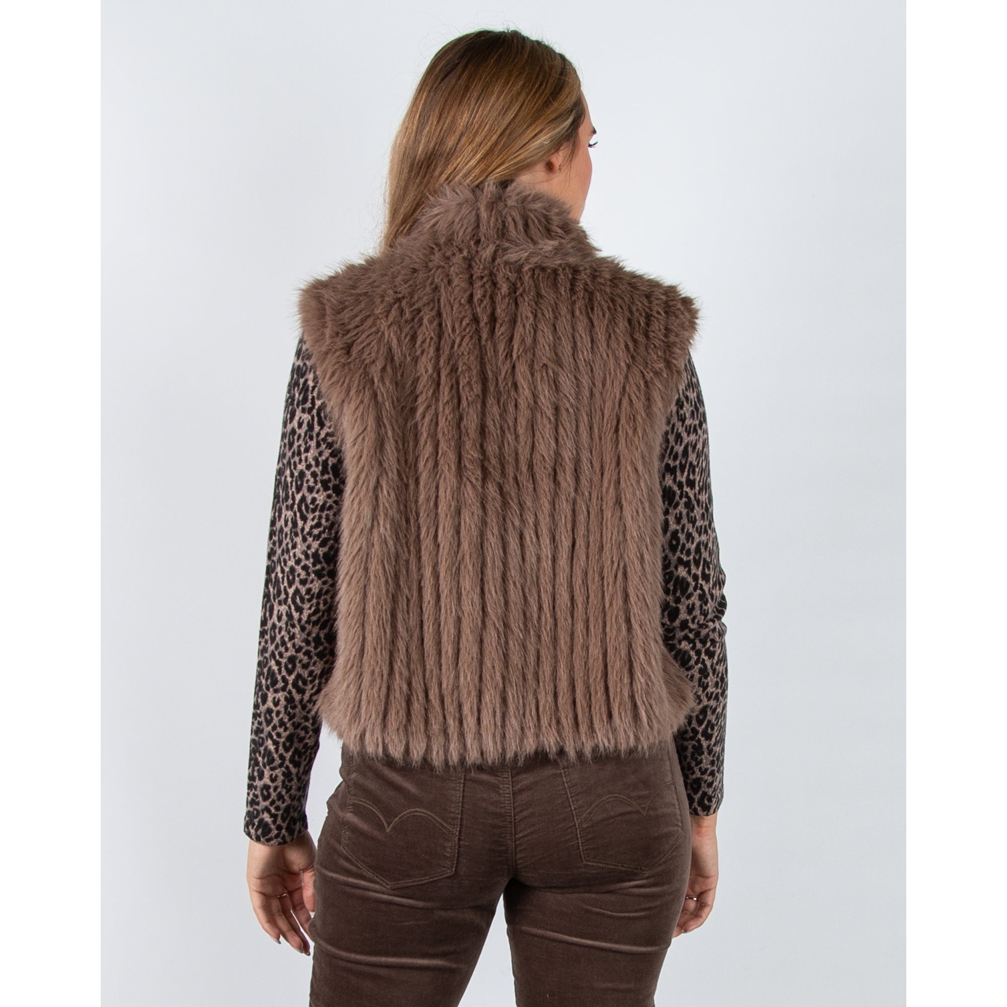 Rino & Pelle Dava Shaggy Faux Fur Ribbed Gilet Toffee