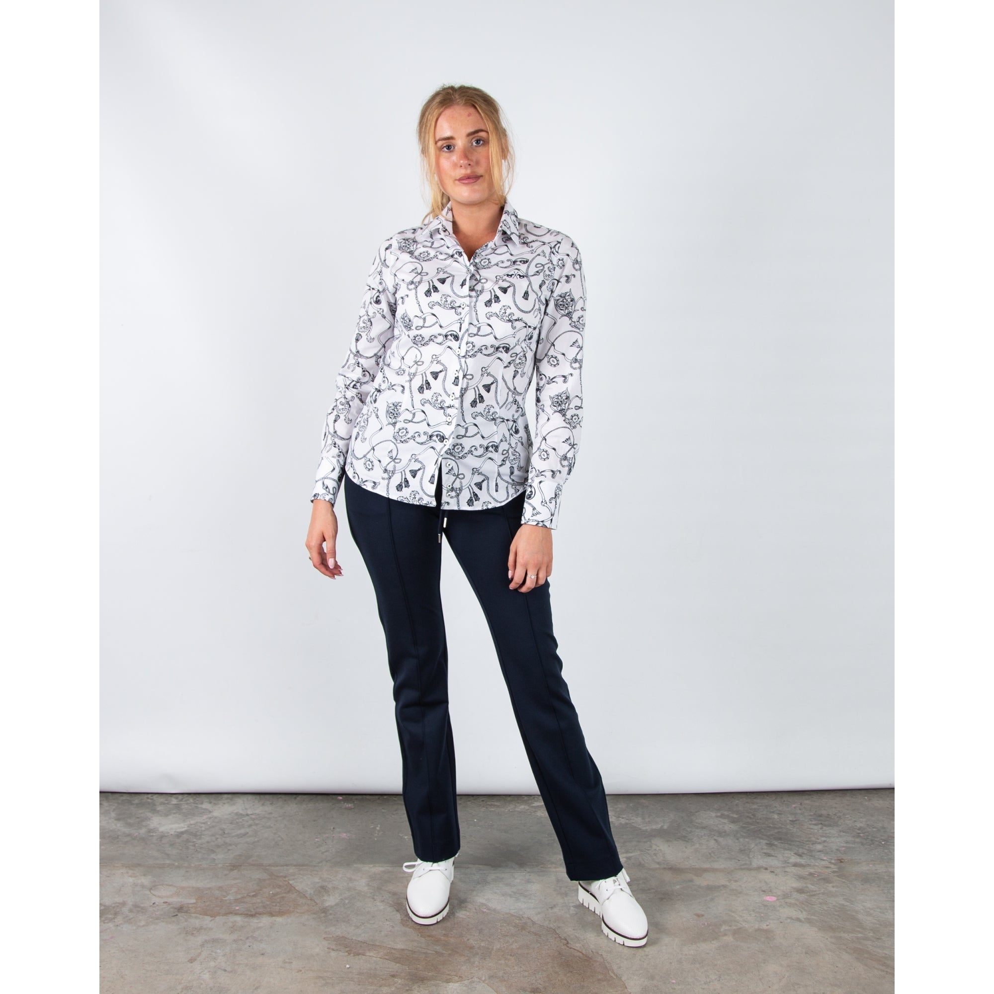 Hv Society Itala Chain Print Cotton Shirt White/navy