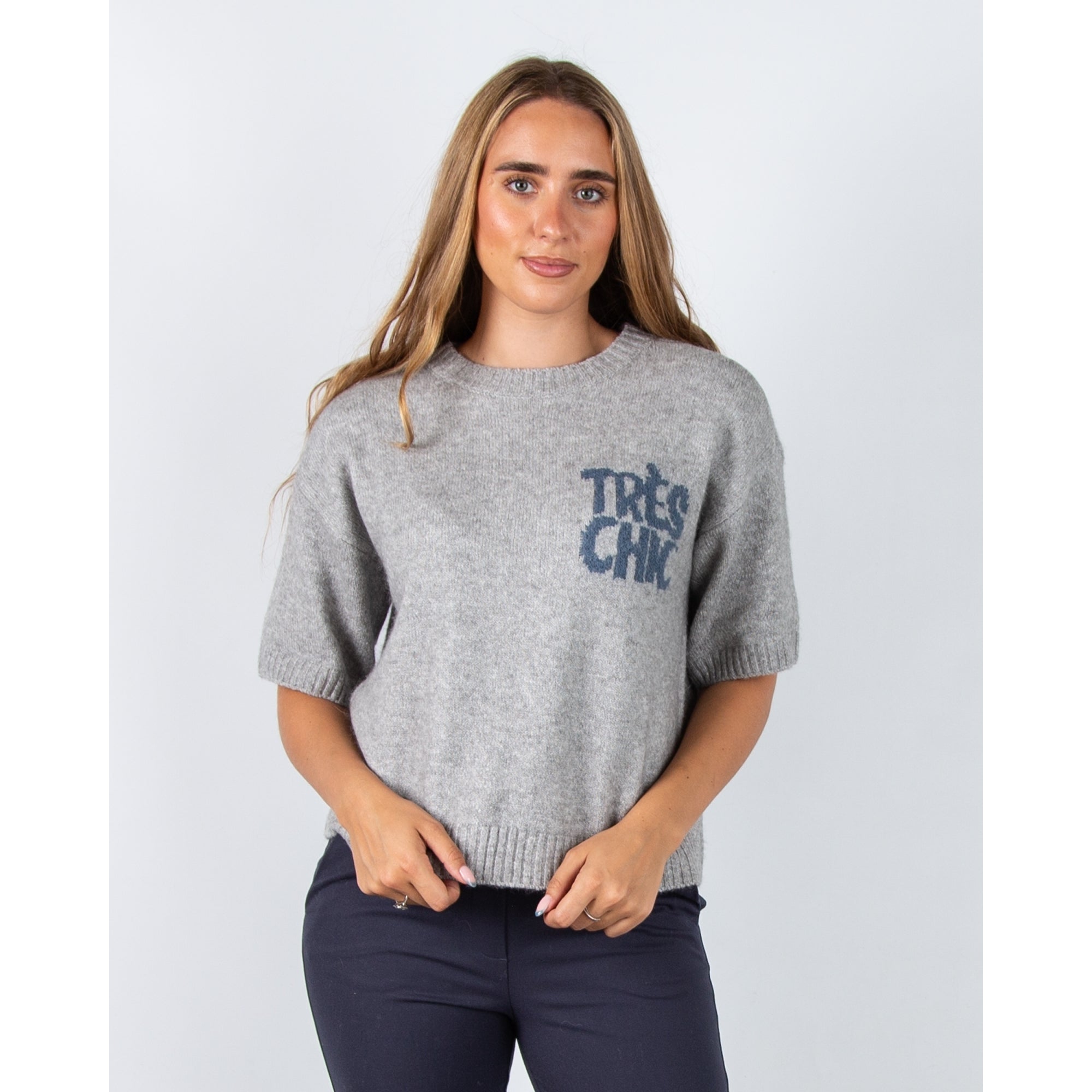 Yaya Round Neck Short Sleeve Jumper Light Grey