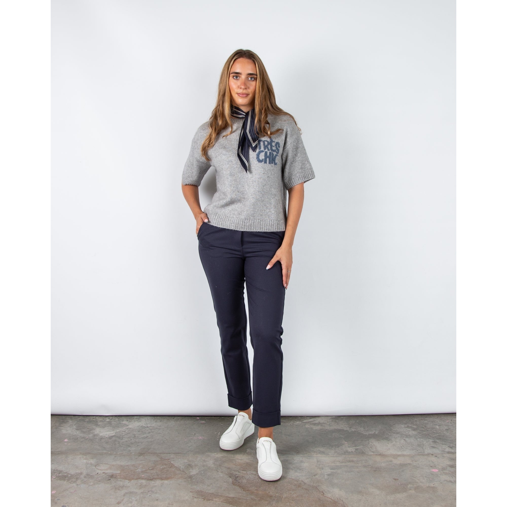 Yaya Round Neck Short Sleeve Jumper Light Grey