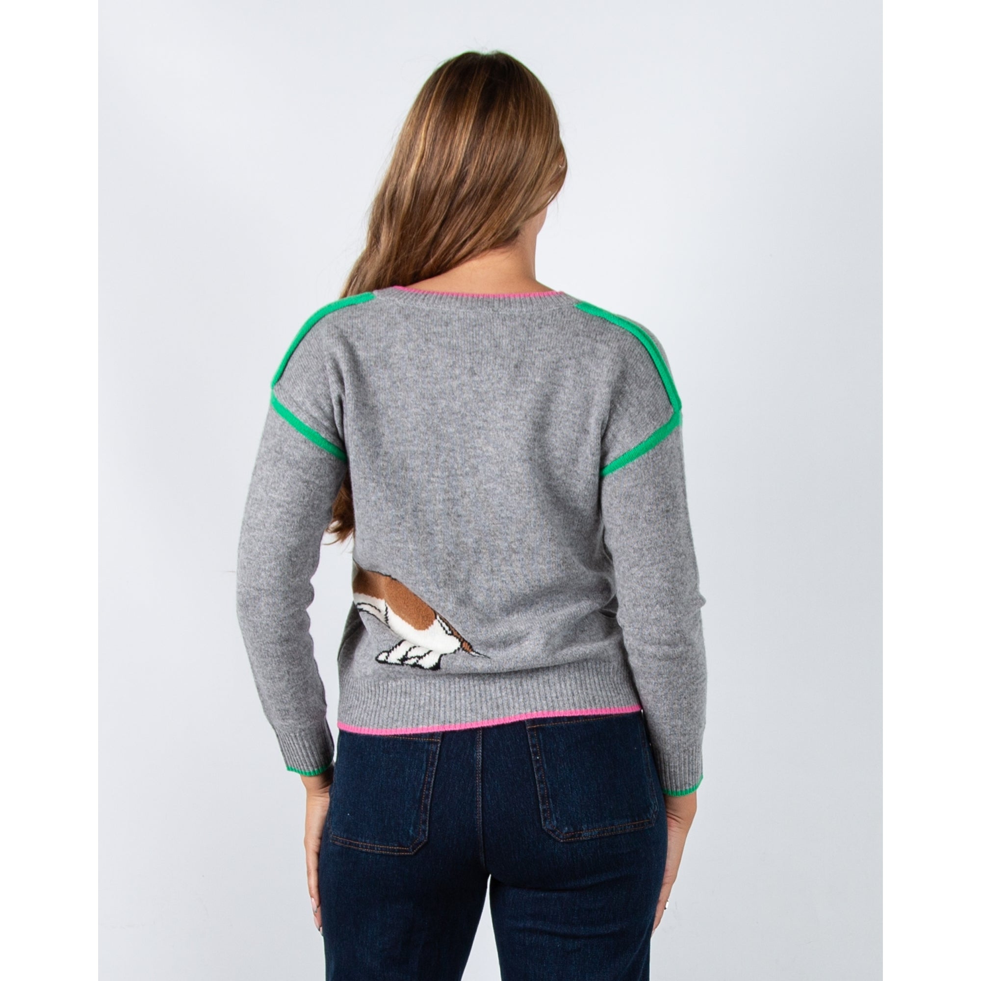 Vilagallo Intarsia V Neck Daschund Jumper With Contrast Trim Grey