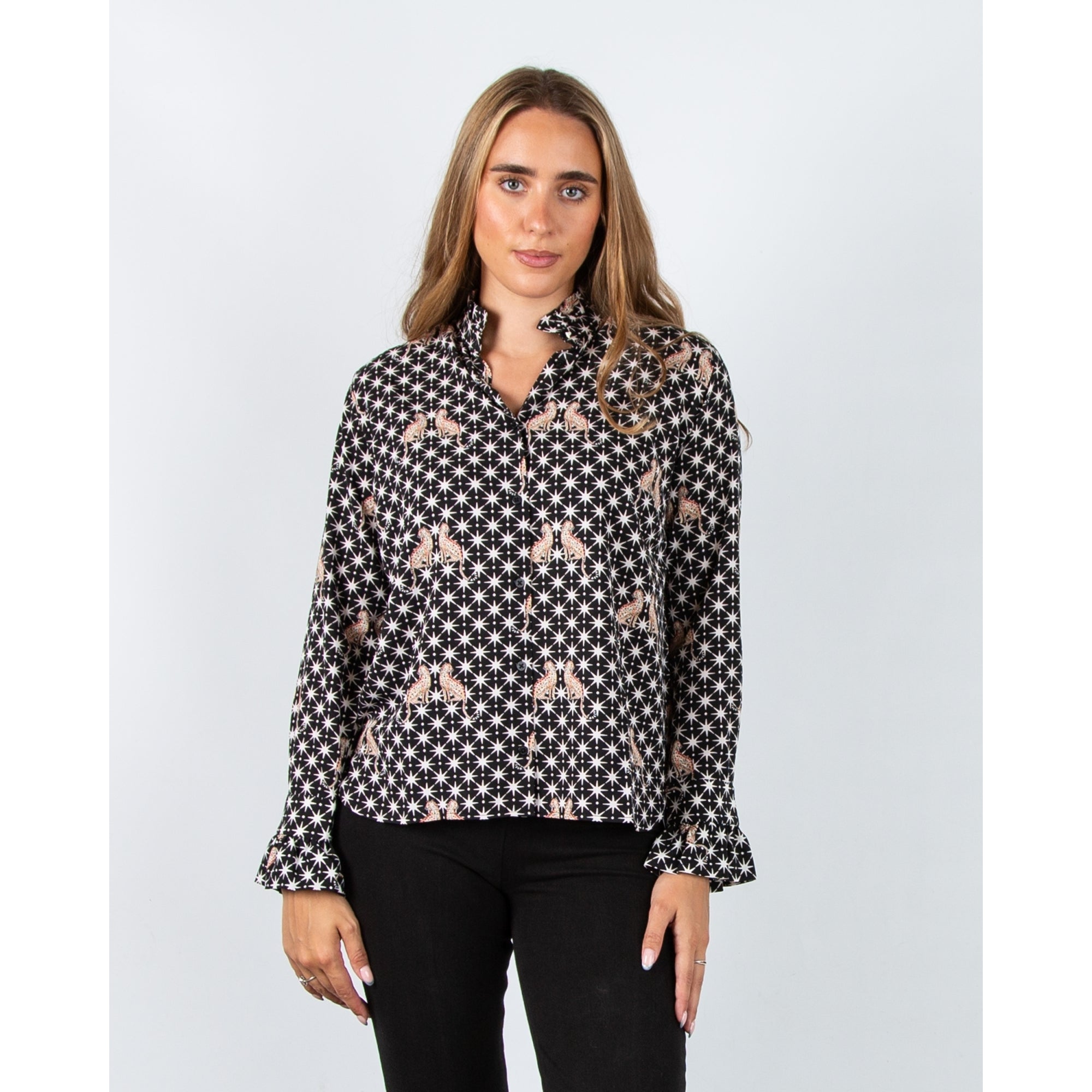Vilagallo Nicola Leopard Star Blouse With Frill Collar And Cuff Black