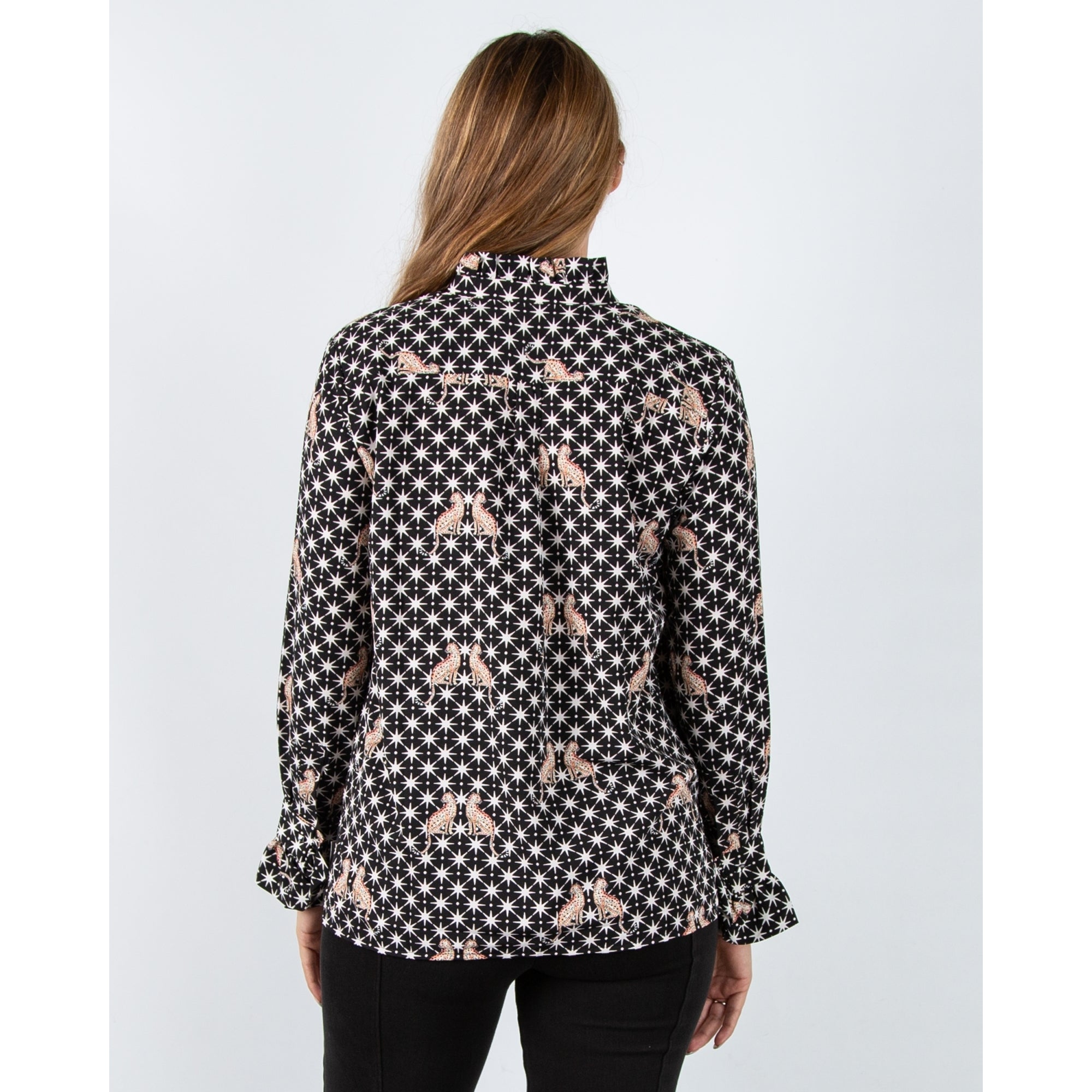 Vilagallo Nicola Leopard Star Blouse With Frill Collar And Cuff Black