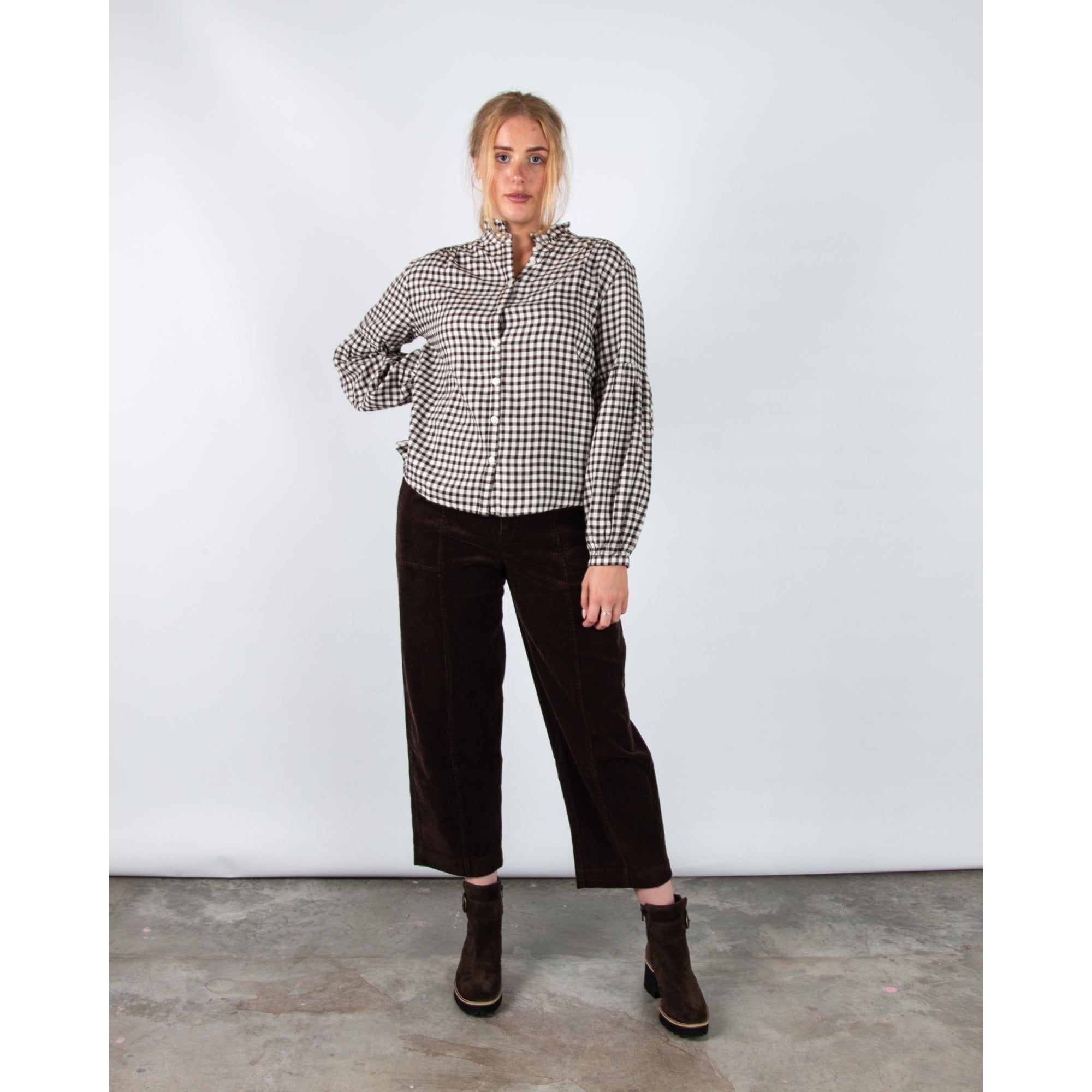 Part Two Samilla Gingham Frill Neck Blouse With Balloon Sleeve Brown/ecru