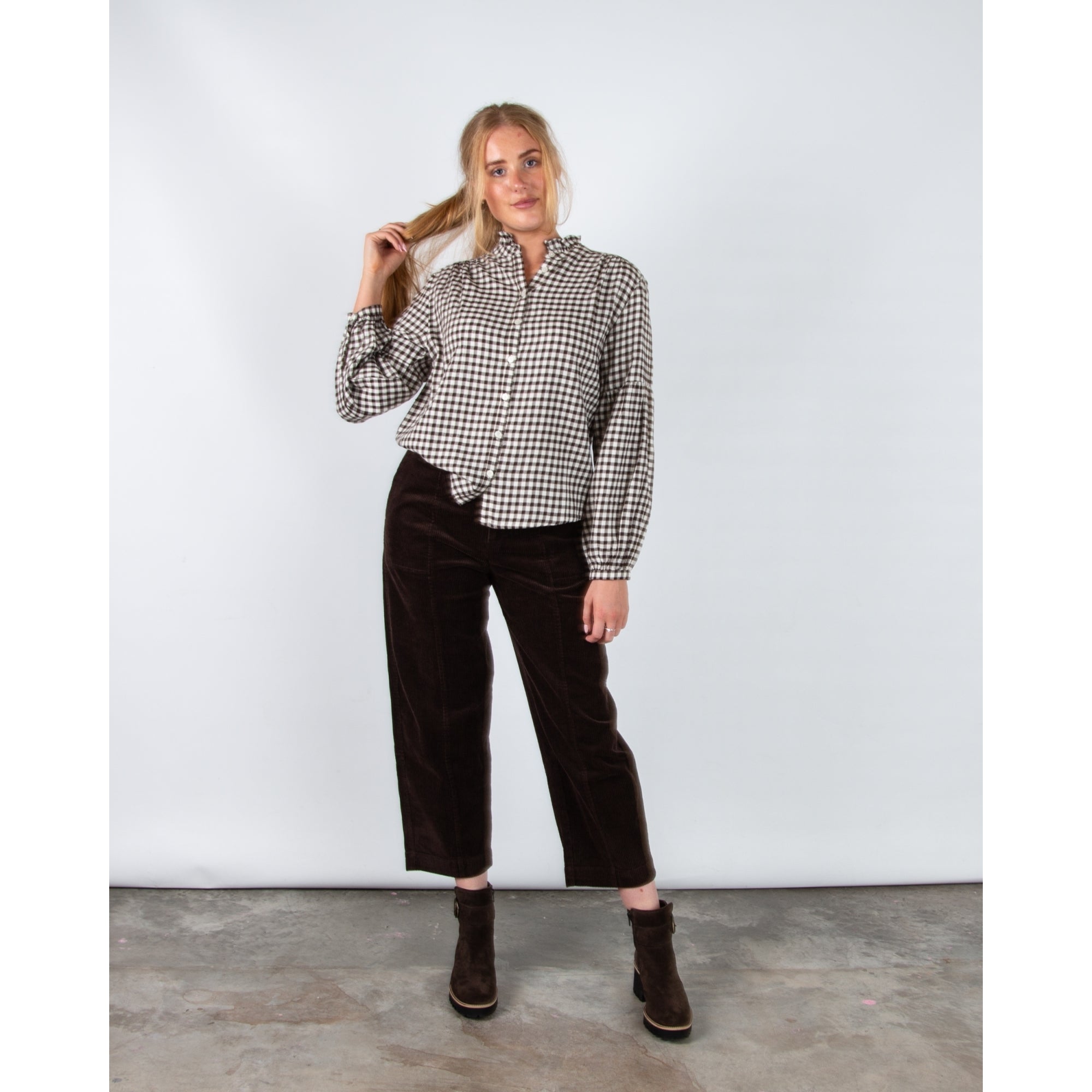 Part Two Samilla Gingham Frill Neck Blouse With Balloon Sleeve Brown/ecru