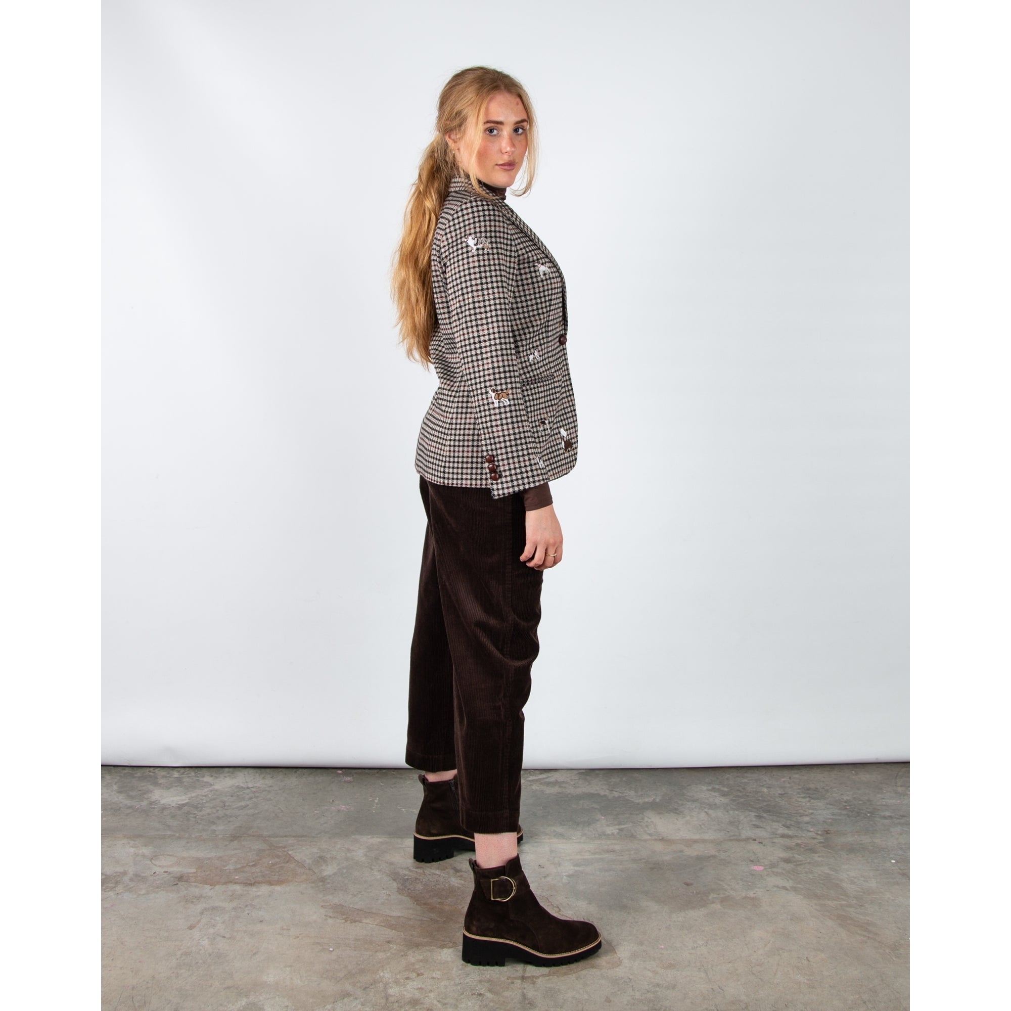 Vilagallo Heather Houndstooth Blazer With Embroidered Dogs Green/ecru