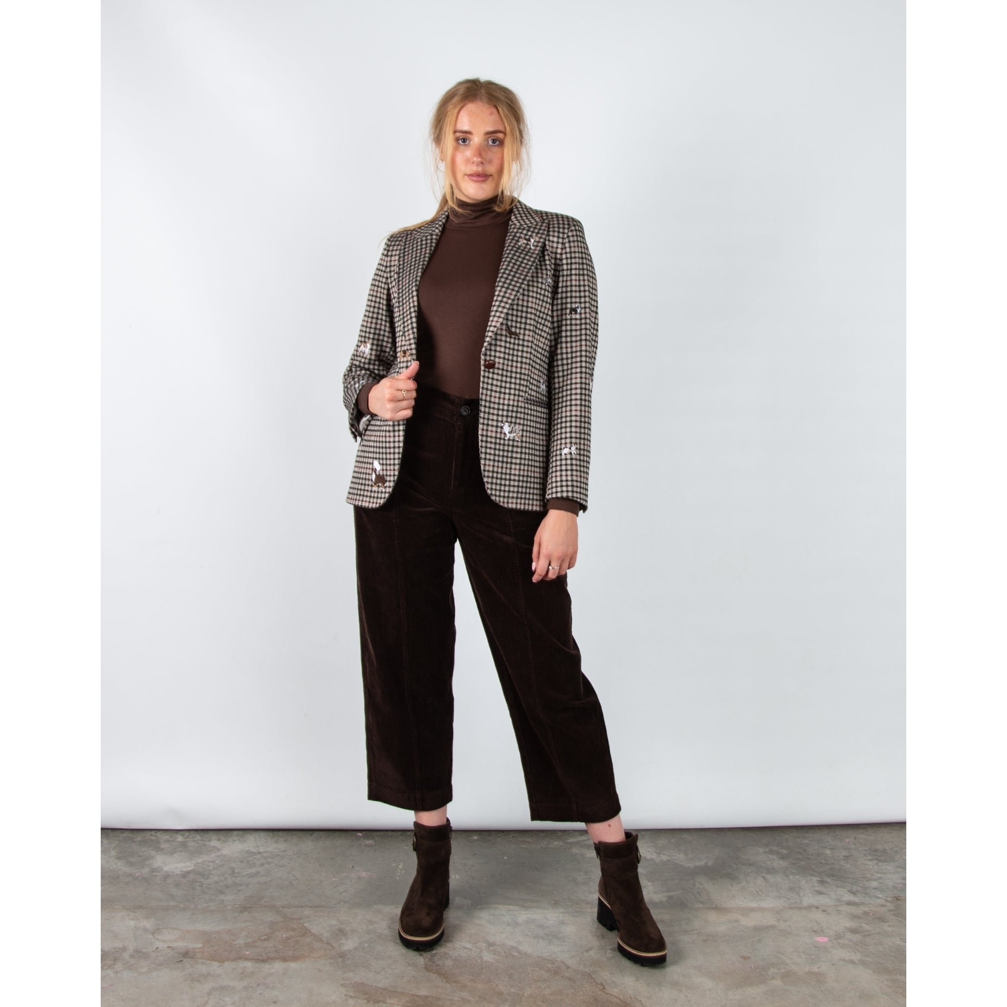 Vilagallo Heather Houndstooth Blazer With Embroidered Dogs Green/ecru