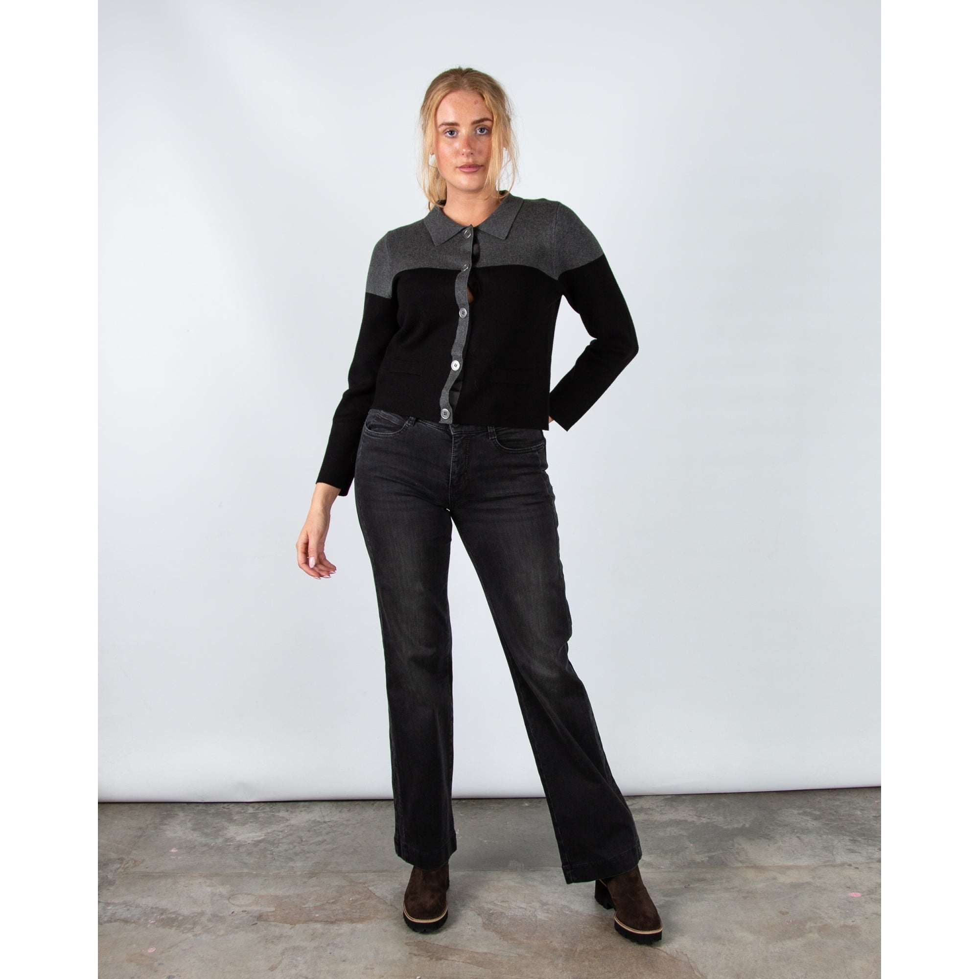 Marble Fashions Short Colour Block Collared Cardigan Black/charcoal 105