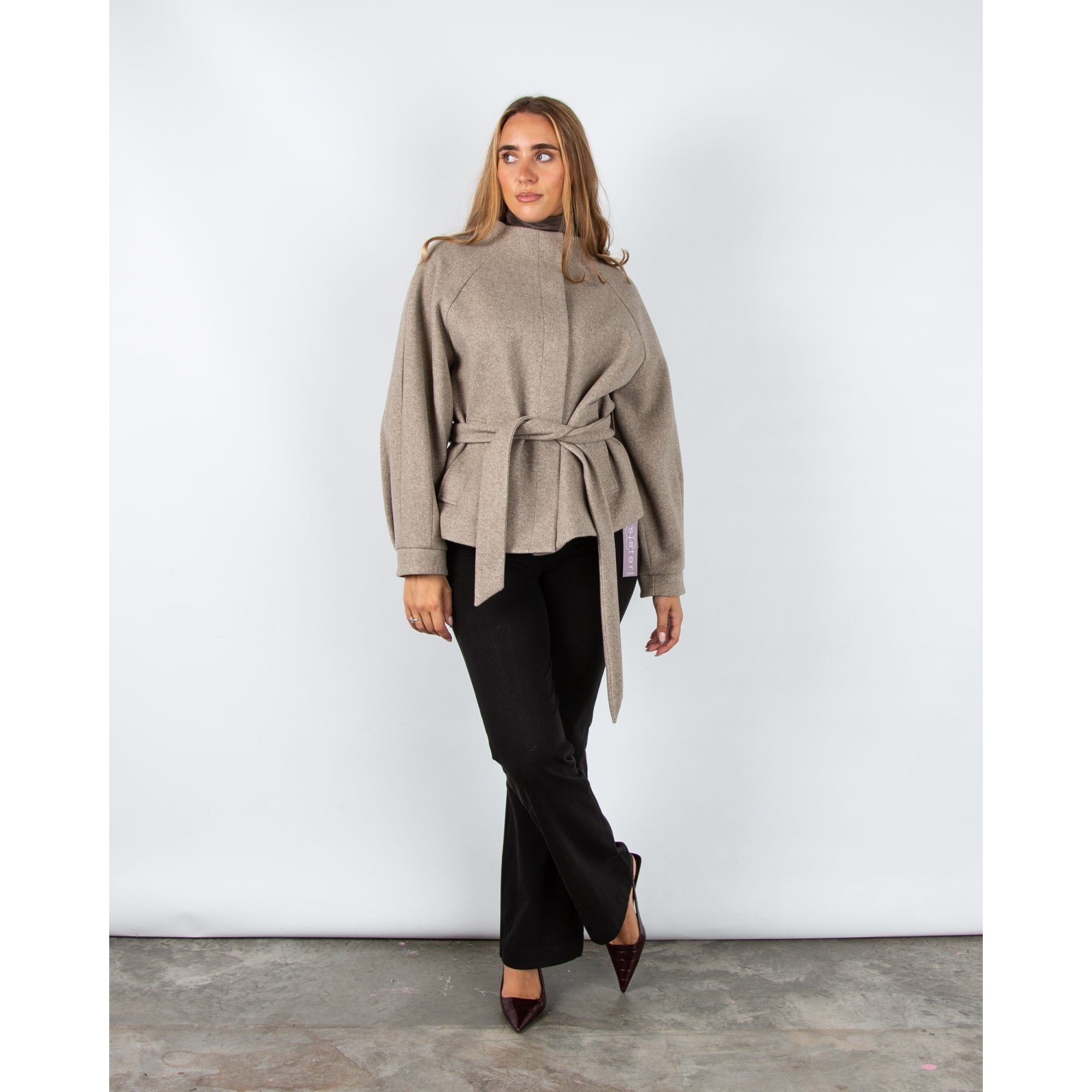 Rino & Pelle Cornelia Collarless Coat Jacket With Tie Belt Toffee Melange