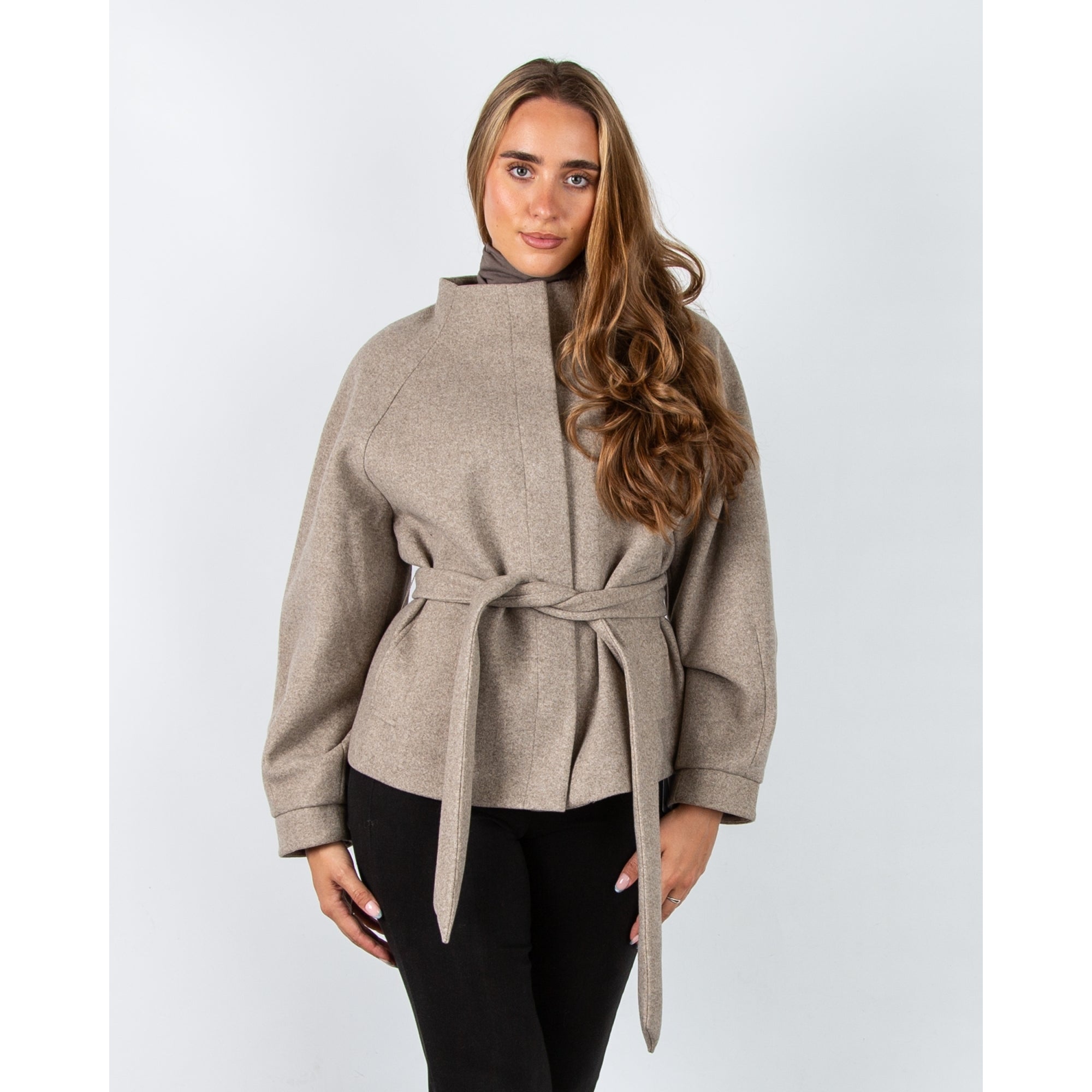 Rino & Pelle Cornelia Collarless Coat Jacket With Tie Belt Toffee Melange