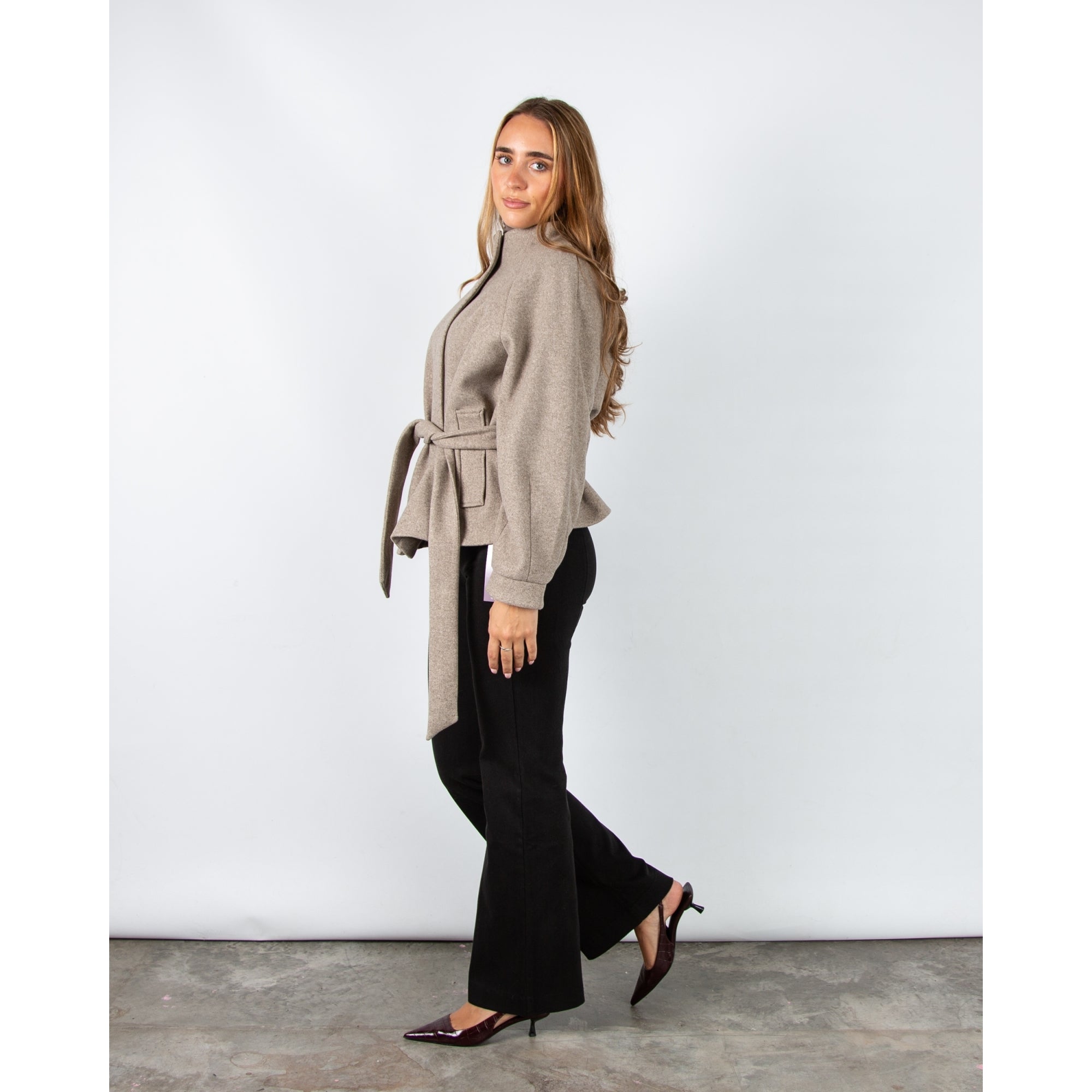 Rino & Pelle Cornelia Collarless Coat Jacket With Tie Belt Toffee Melange