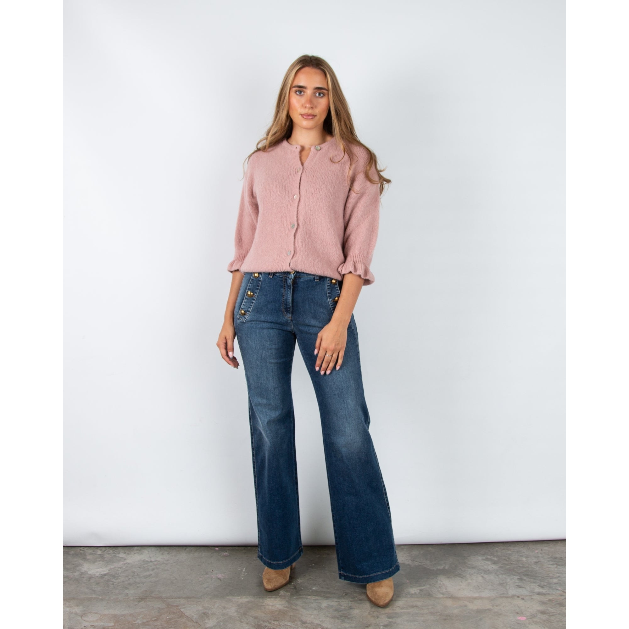 Marta Soft Knit Button Cardigan With Frill Cuff Old Rose