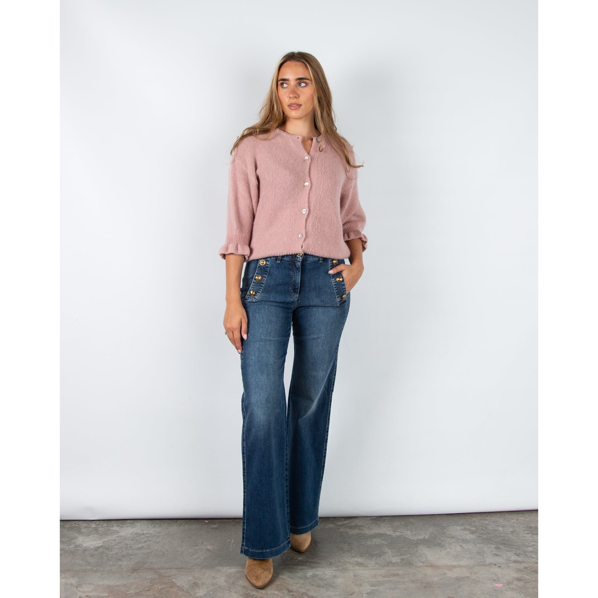 Marta Soft Knit Button Cardigan With Frill Cuff Old Rose