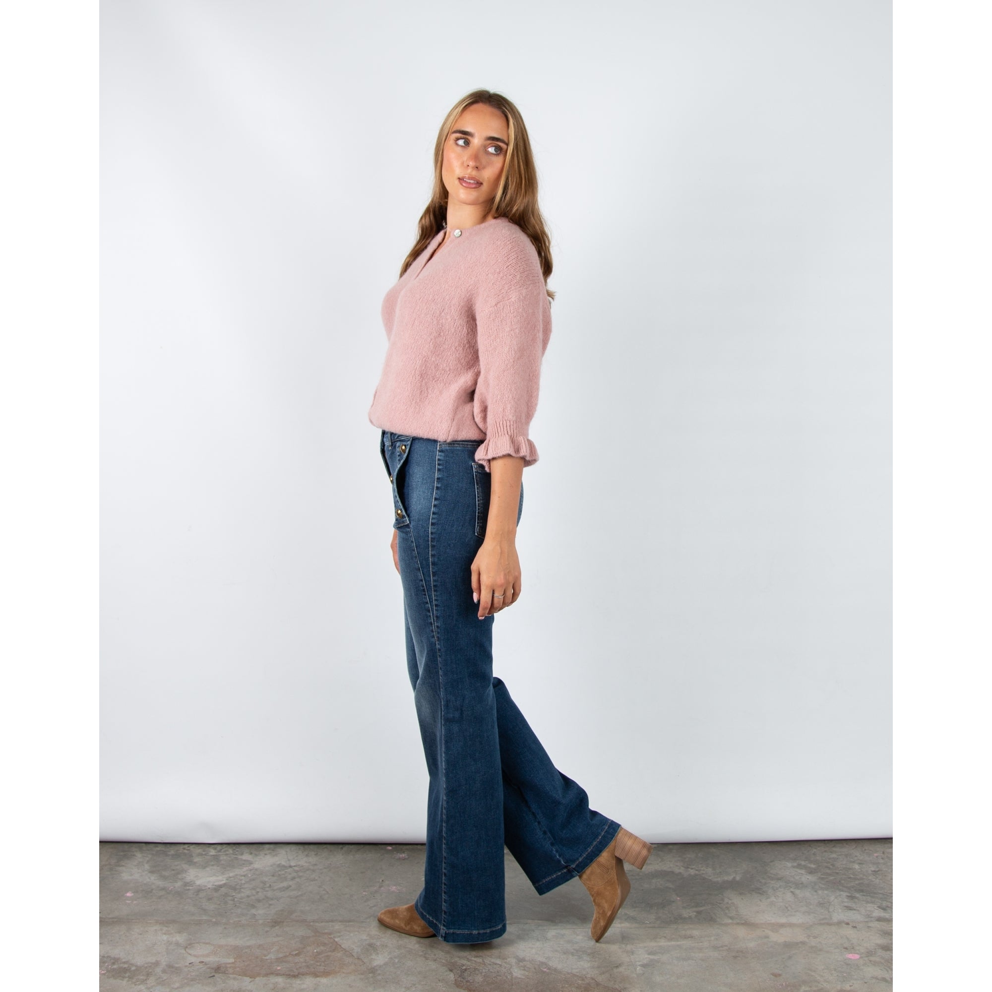 Marta Soft Knit Button Cardigan With Frill Cuff Old Rose