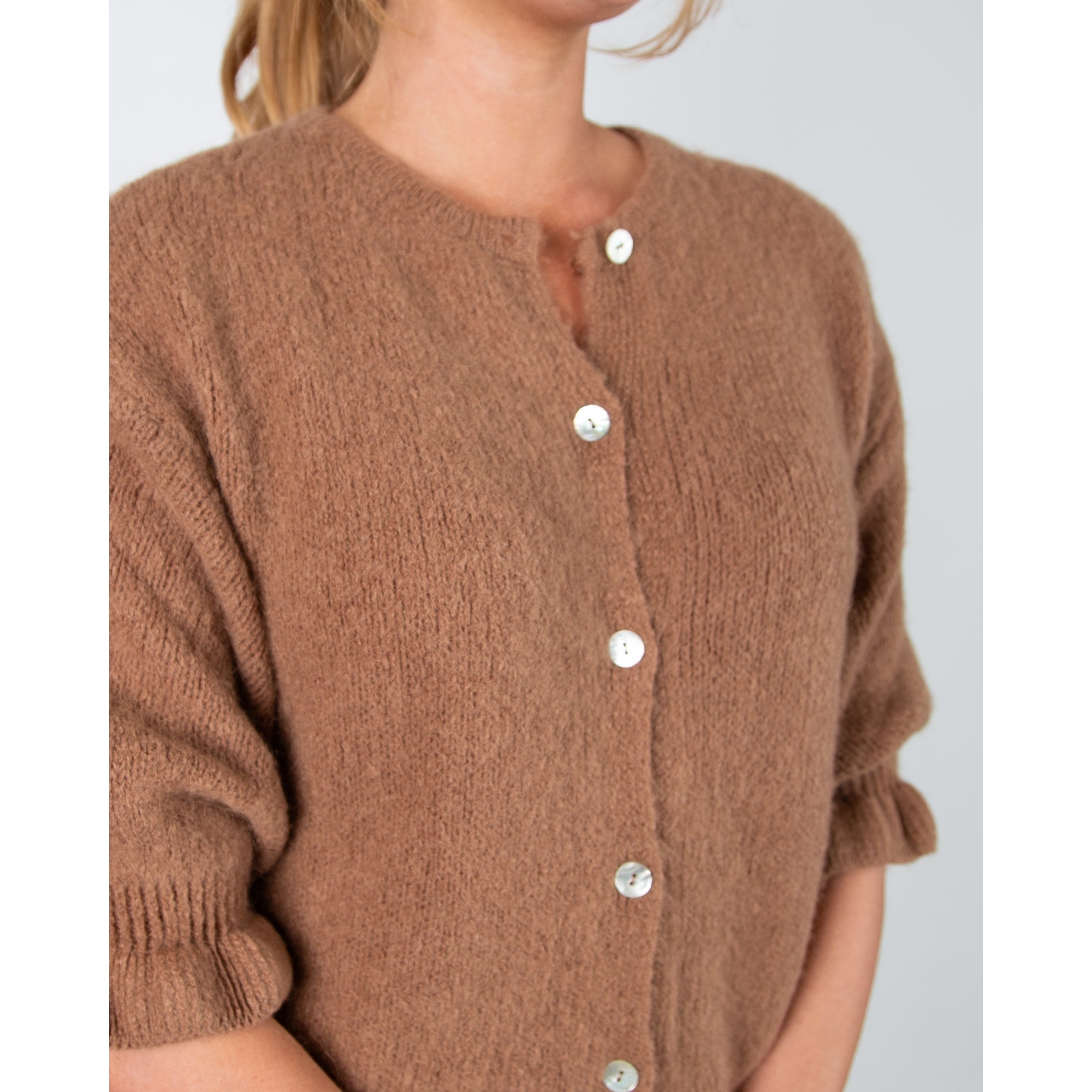 Marta Soft Knit Button Cardigan With Frill Cuff Camel