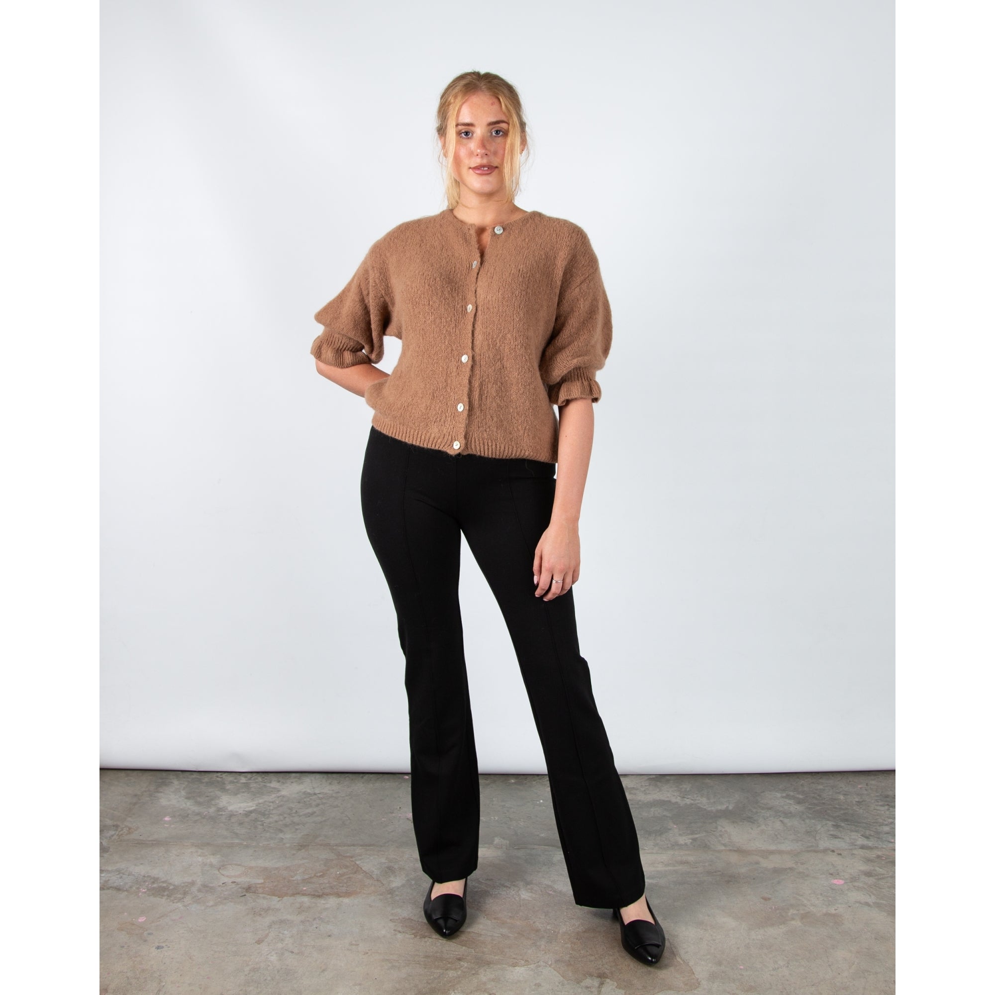 Marta Soft Knit Button Cardigan With Frill Cuff Camel