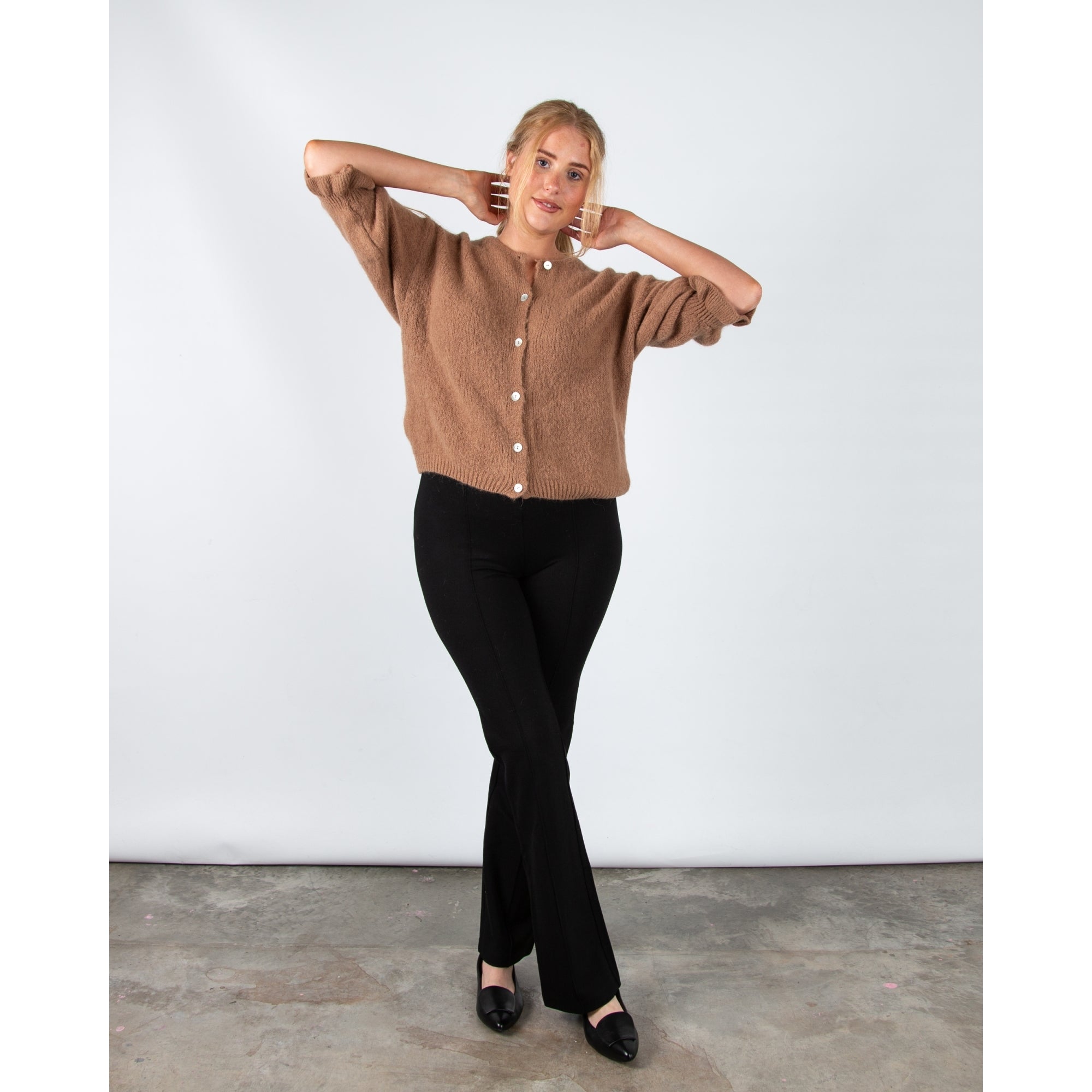 Marta Soft Knit Button Cardigan With Frill Cuff Camel