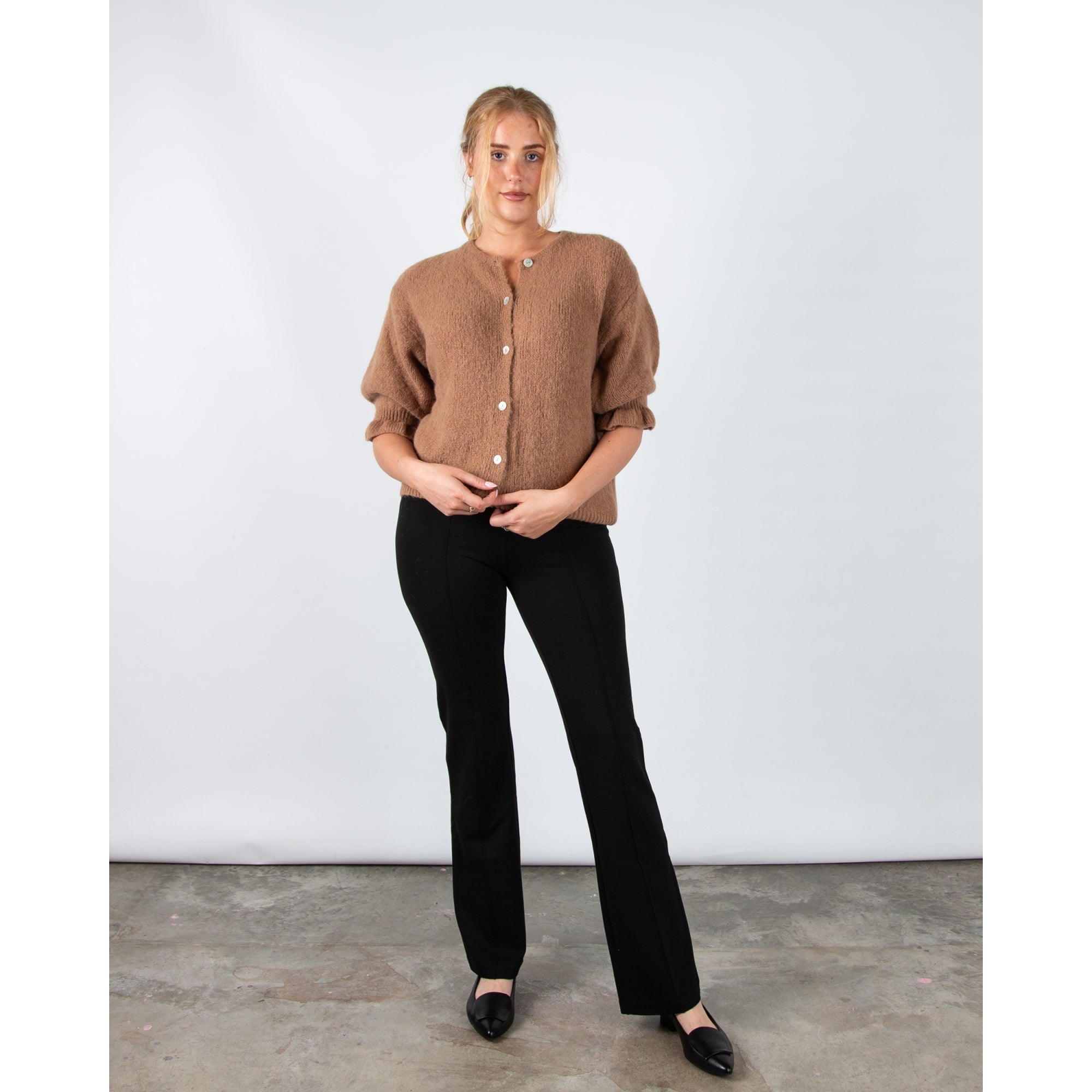 Marta Soft Knit Button Cardigan With Frill Cuff Camel