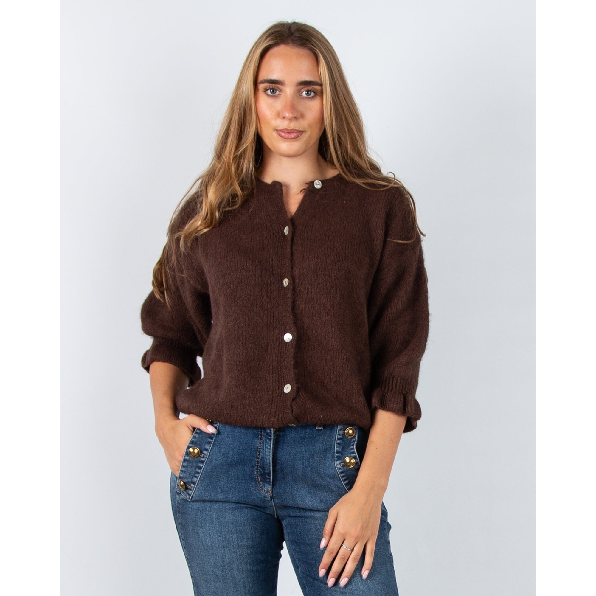 Marta Soft Knit Button Cardigan With Frill Cuff Chocolate