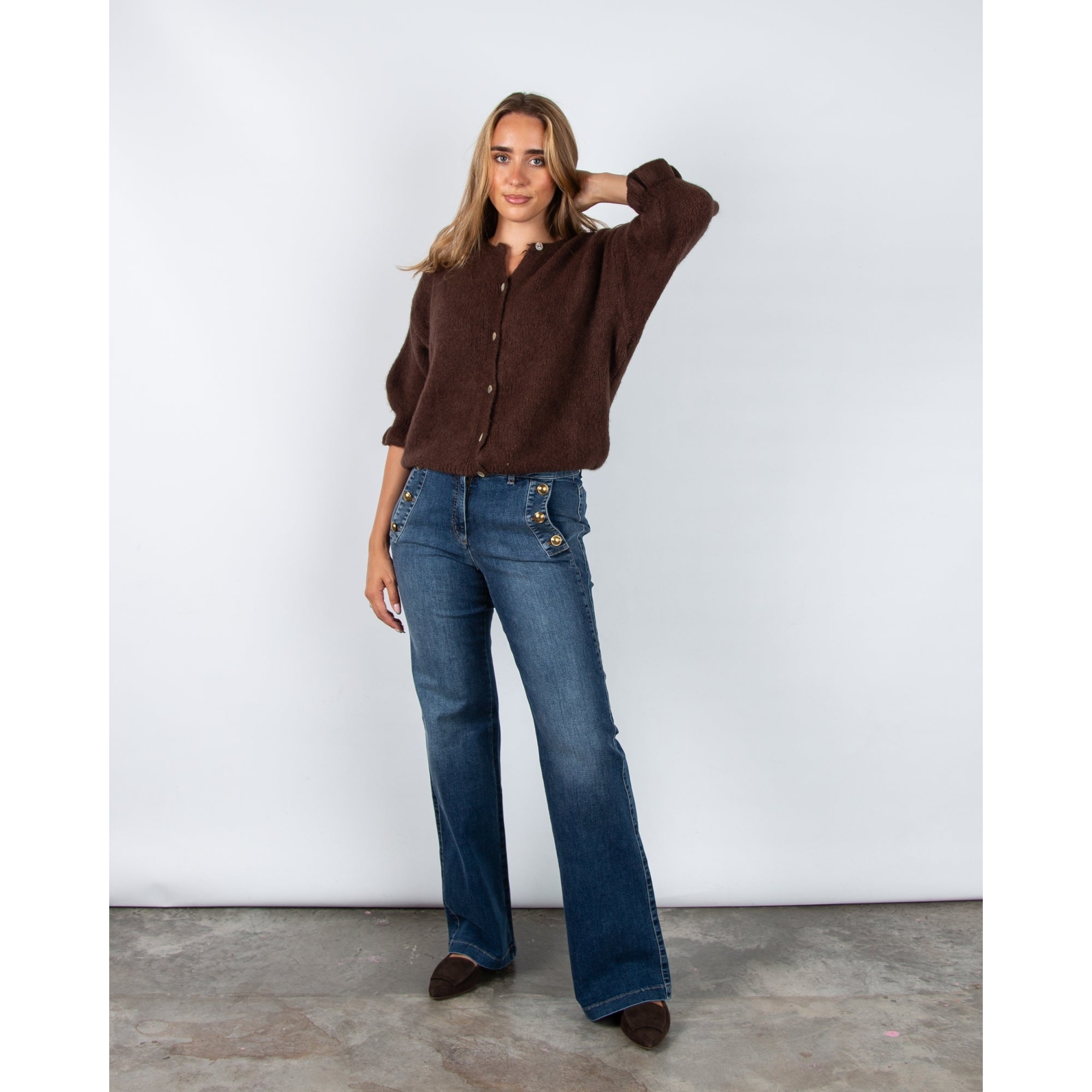 Marta Soft Knit Button Cardigan With Frill Cuff Chocolate