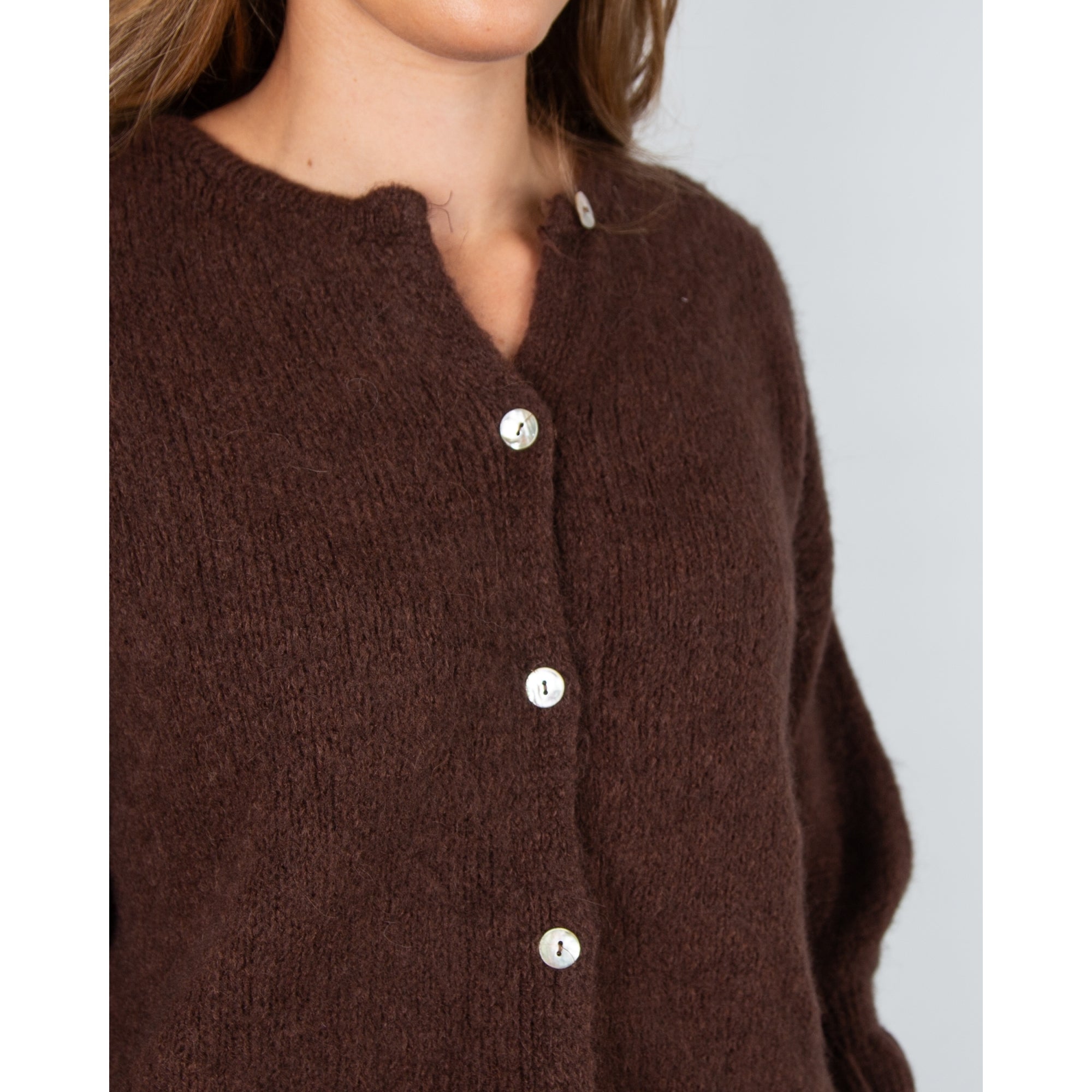 Marta Soft Knit Button Cardigan With Frill Cuff Chocolate